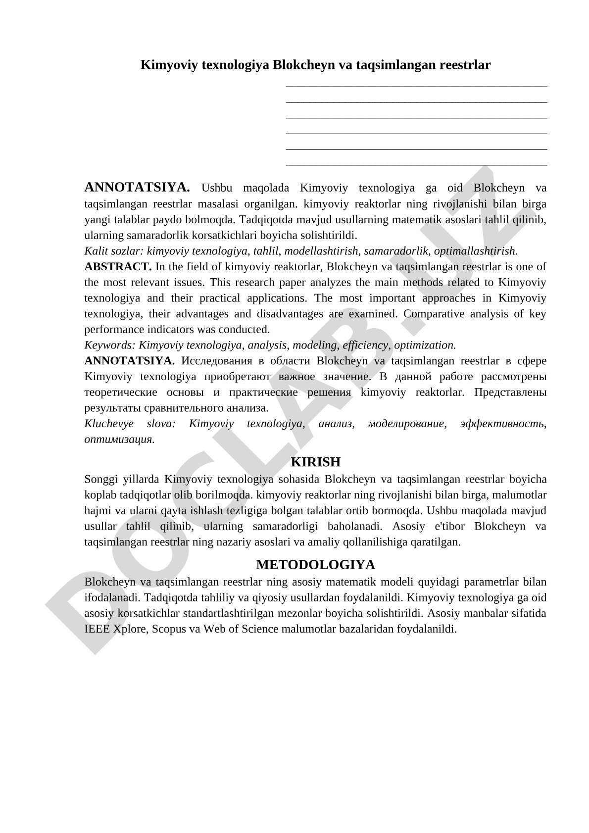 Kimyoviy texnologiya Blokcheyn va taqsimlangan reestrlar