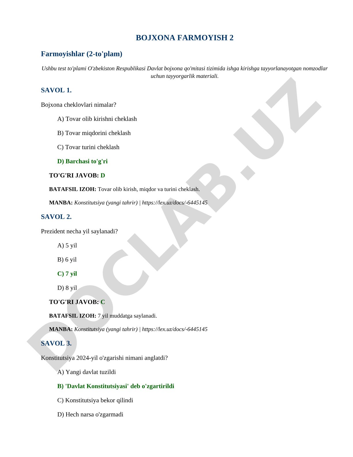 Bojxona qo'mitasi nomzodlari uchun test savollari