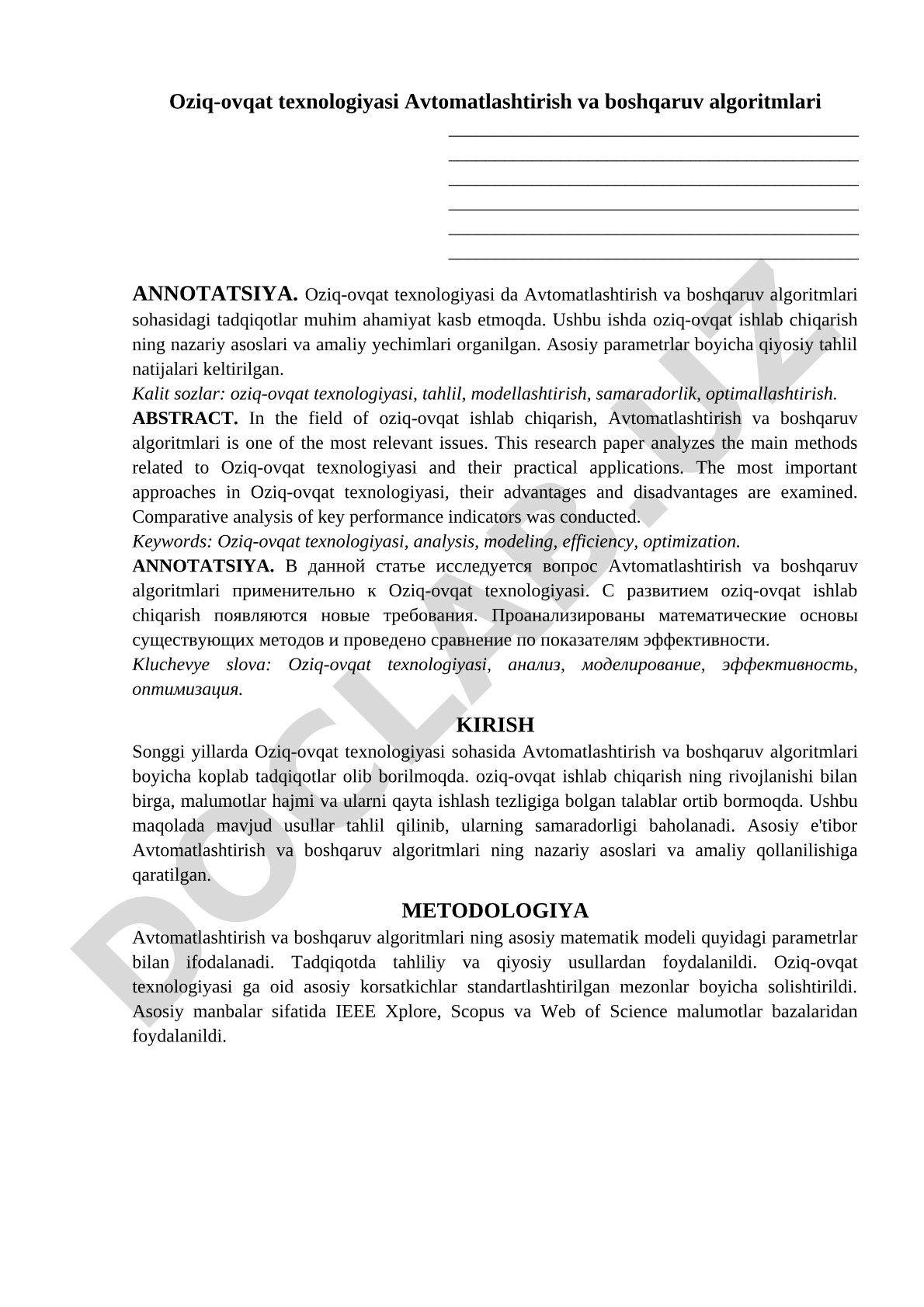 Oziq-ovqat texnologiyasida avtomatlashtirish va boshqaruv algoritmlari