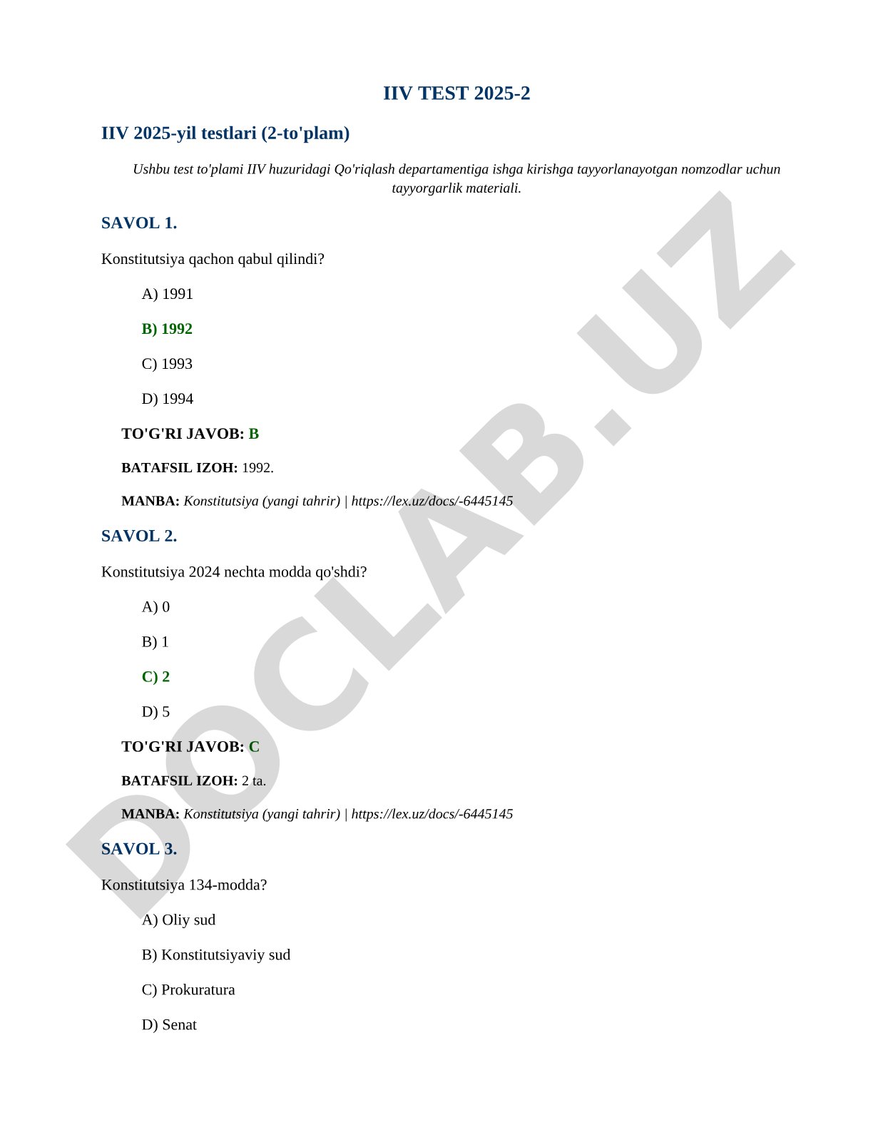 IIV 2025-yil testlari (2-to'plam)