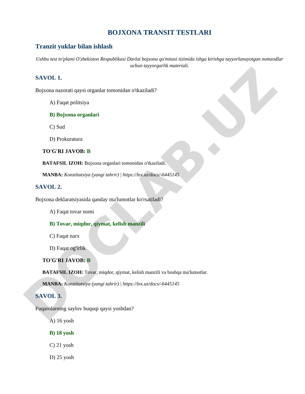 Bojxona transit testlari: tranzit yuklar bilan ishlash