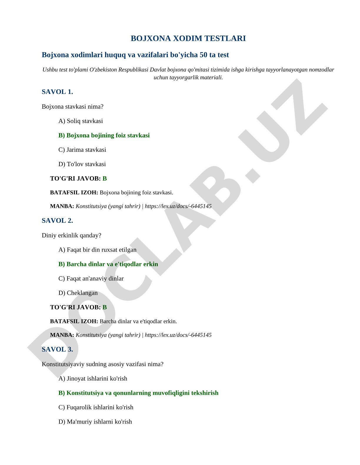 Bojxona xodimlari huquq va vazifalari bo'yicha testlar