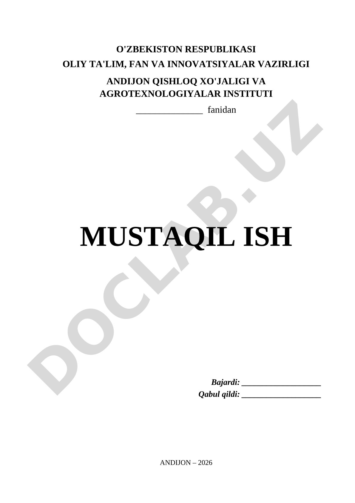 Andijon qishloq xo'jaligi va agrotexnologiyalar instituti mustaqil ishi