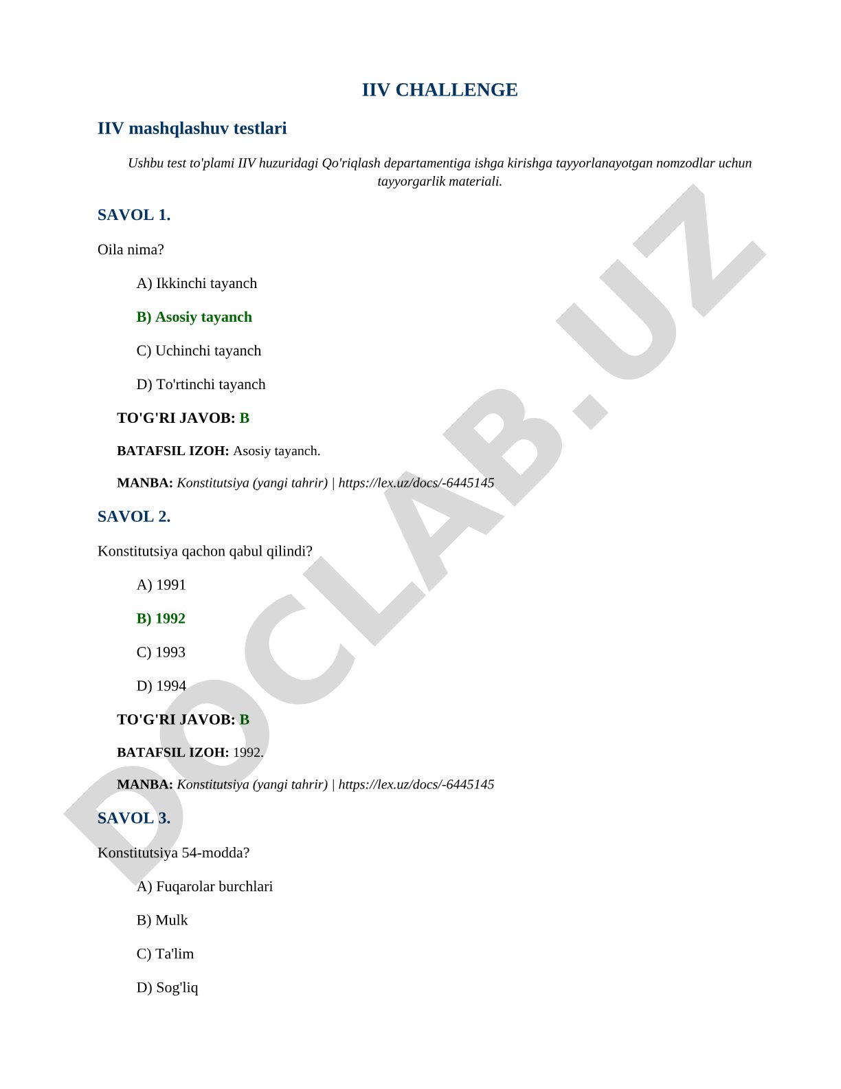IIV Qo'riqlash departamenti mashqlashuv testlari