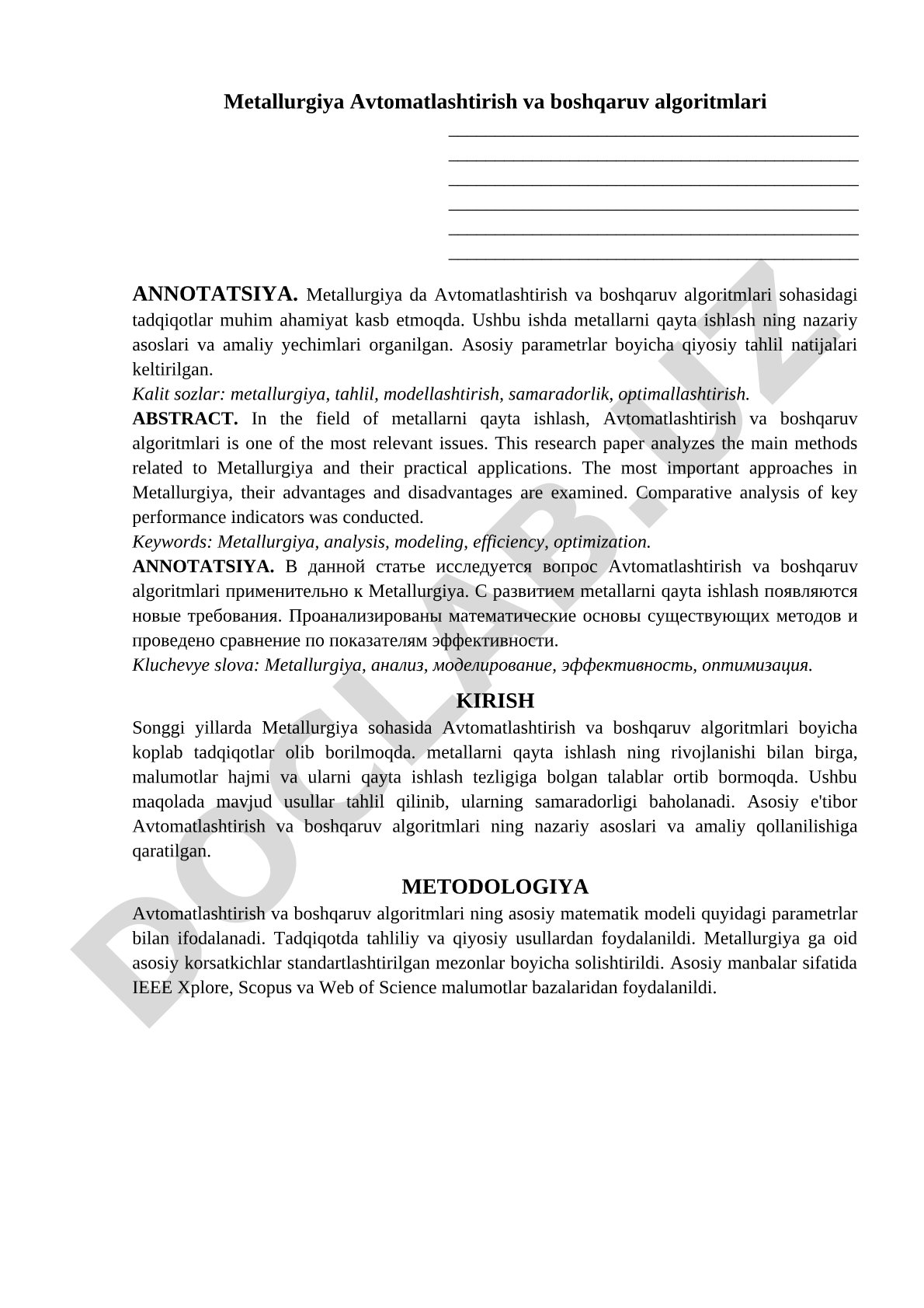 Metallurgiya Avtomatlashtirish va boshqaruv algoritmlari