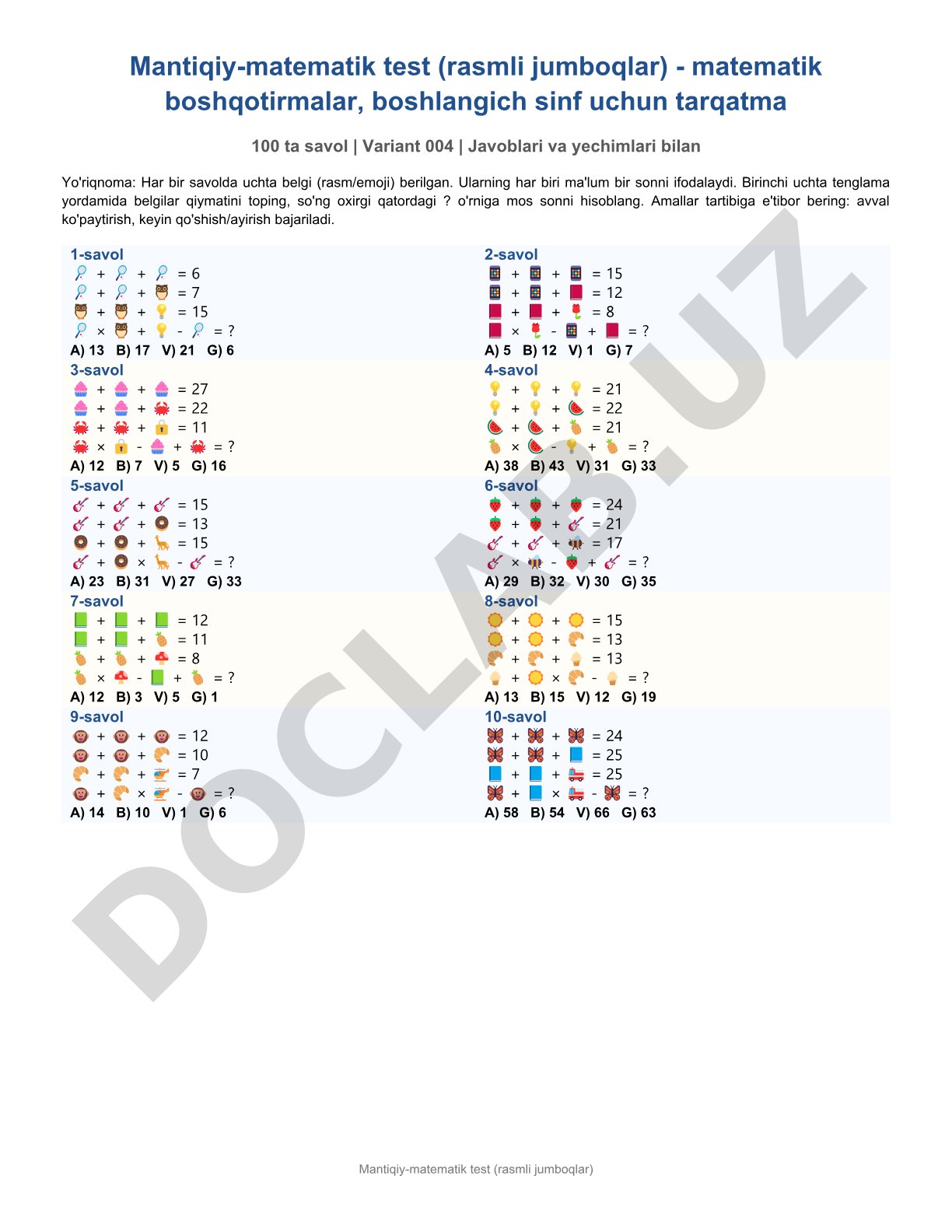 Mantiqiy-matematik test (rasmli jumboqlar)