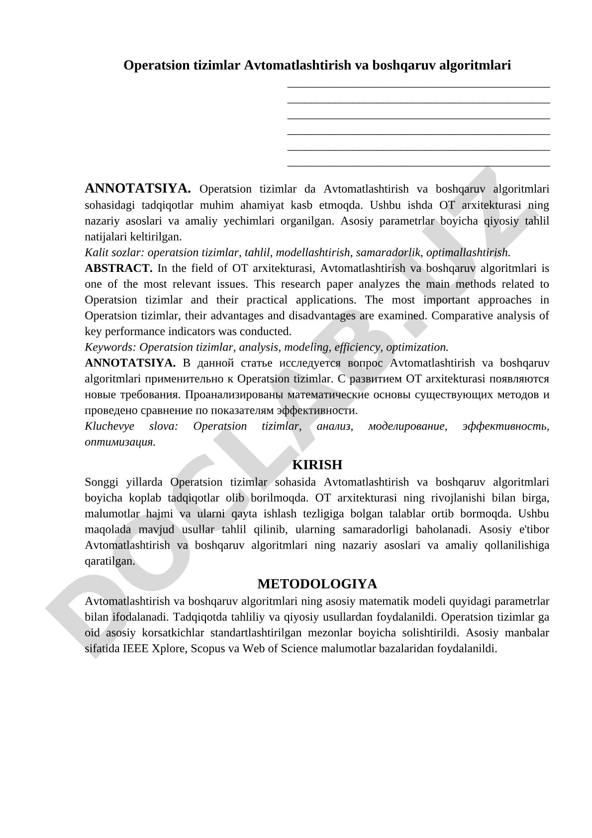 Operatsion tizimlar Avtomatlashtirish va boshqaruv algoritmlari