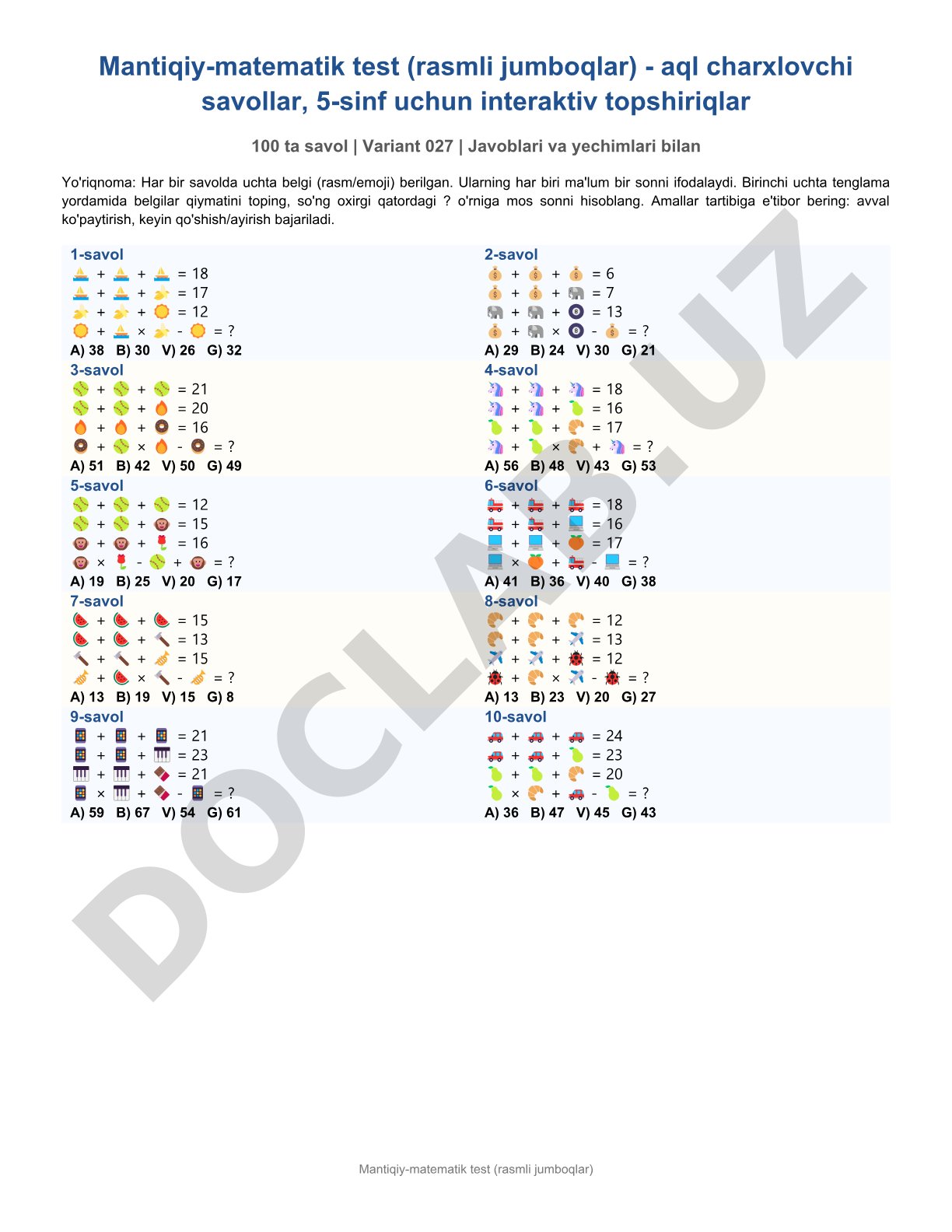 Mantiqiy-matematik test (rasmli jumboqlar)