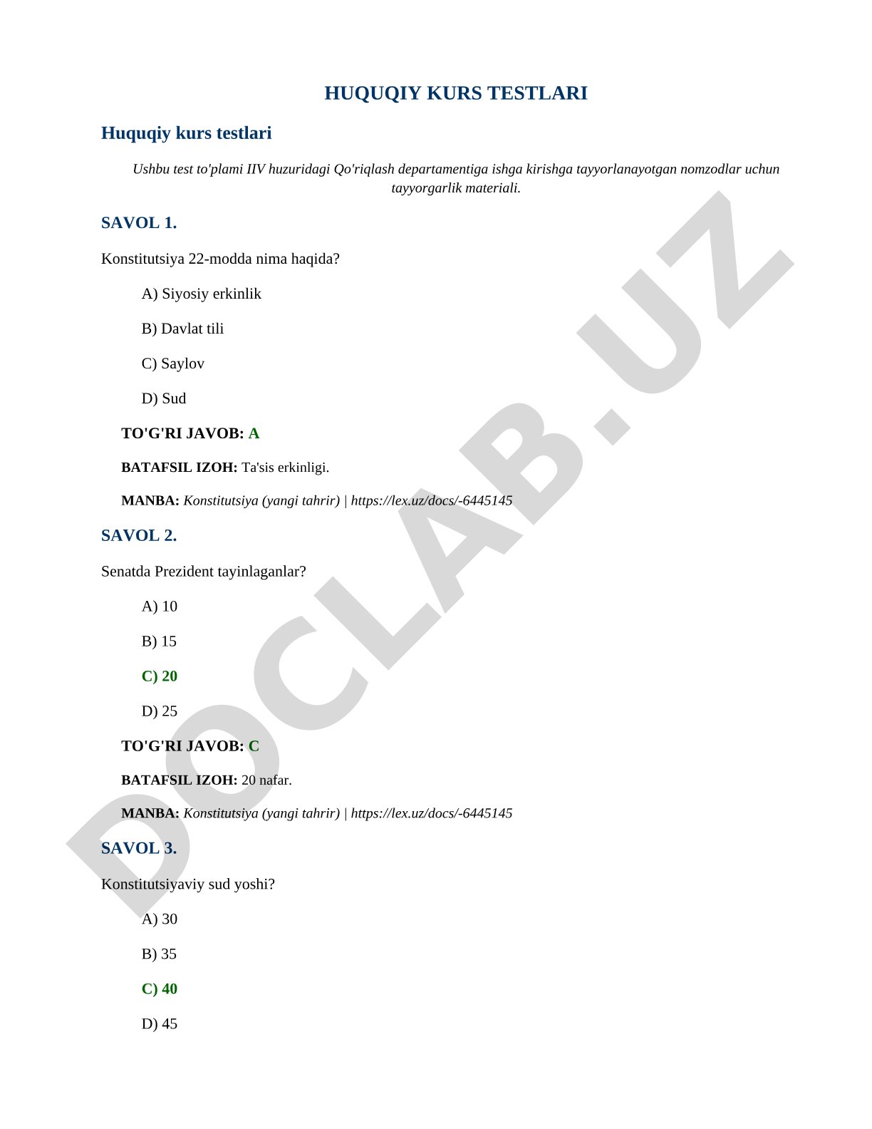 Huquqiy kurs testlari