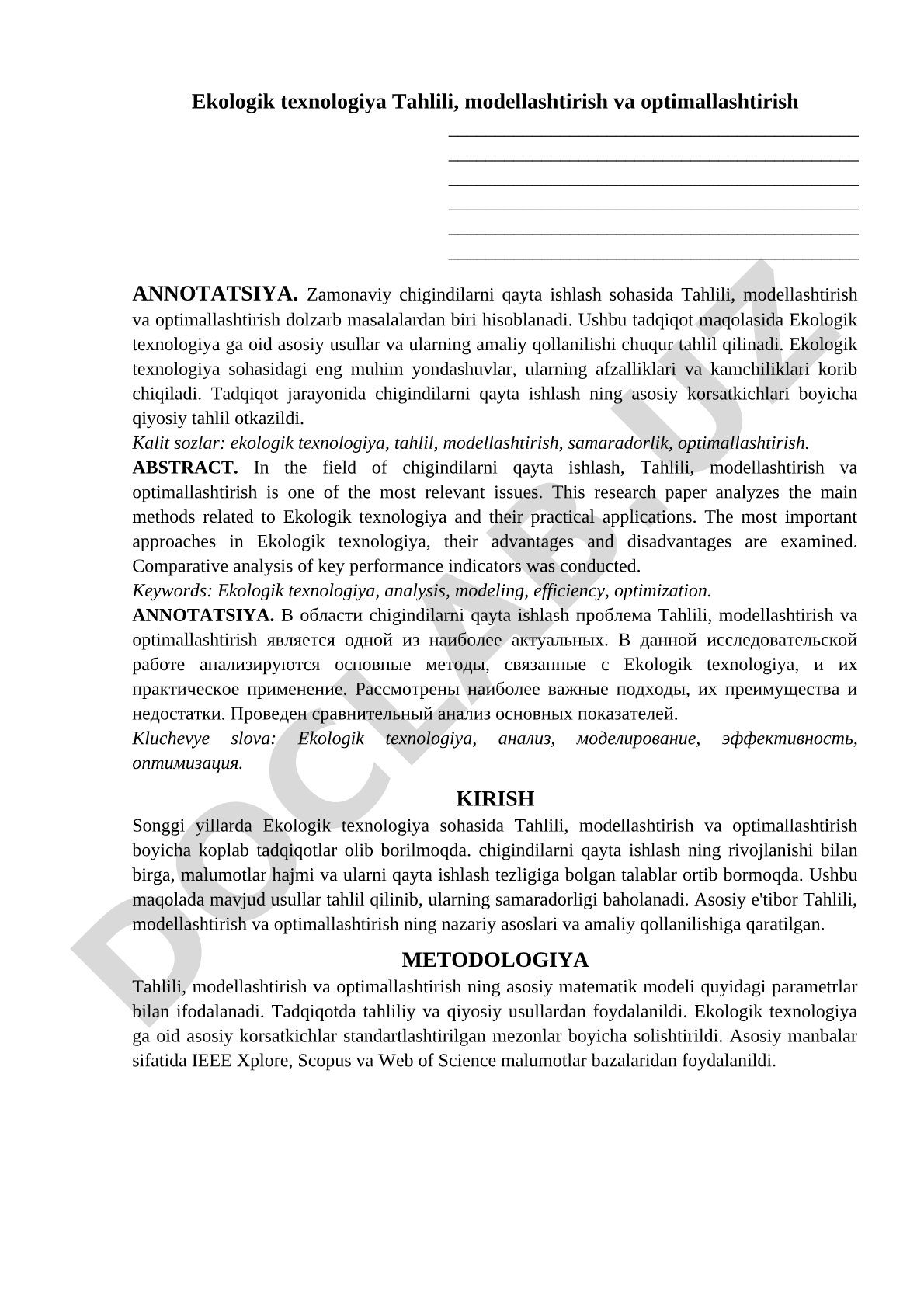 Ekologik texnologiya Tahlili, modellashtirish va optimallashtirish