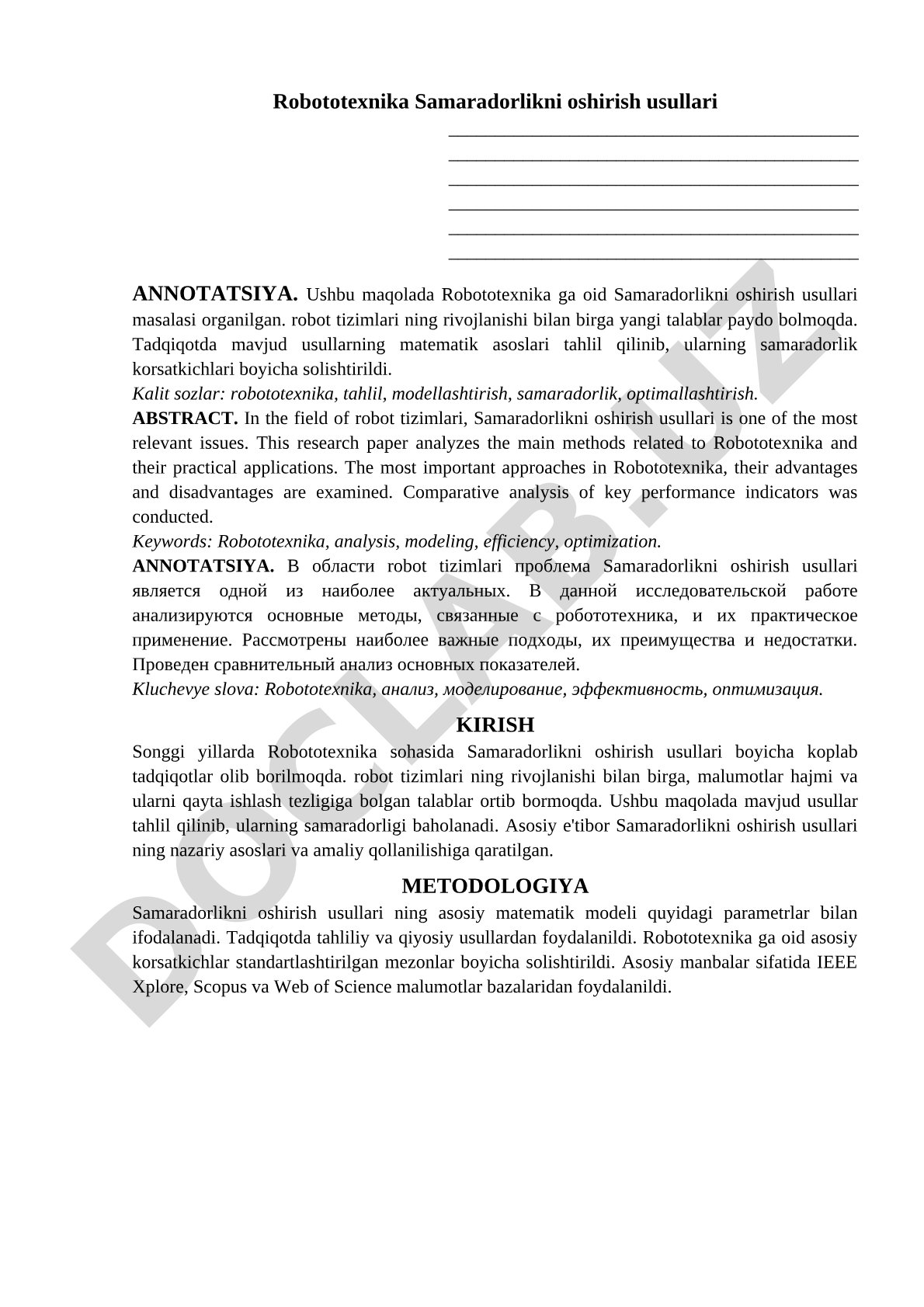 Robototexnika Samaradorlikni oshirish usullari