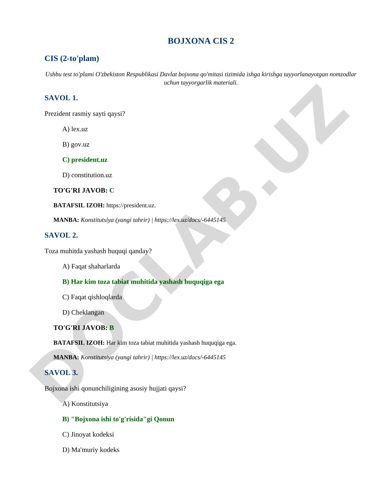 Bojxona CIS 2 test to'plami