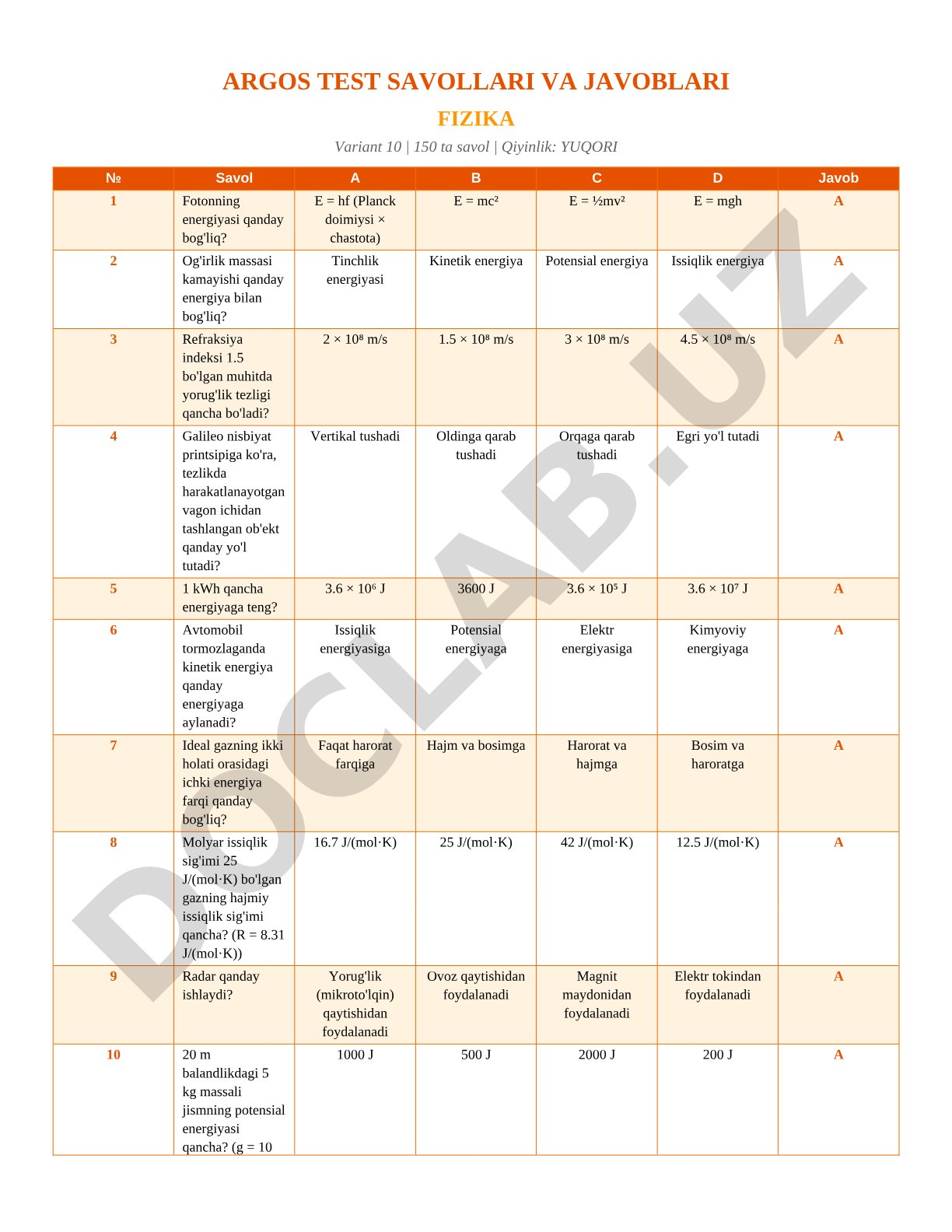 Fizika test savollari va javoblari (Variant 10)