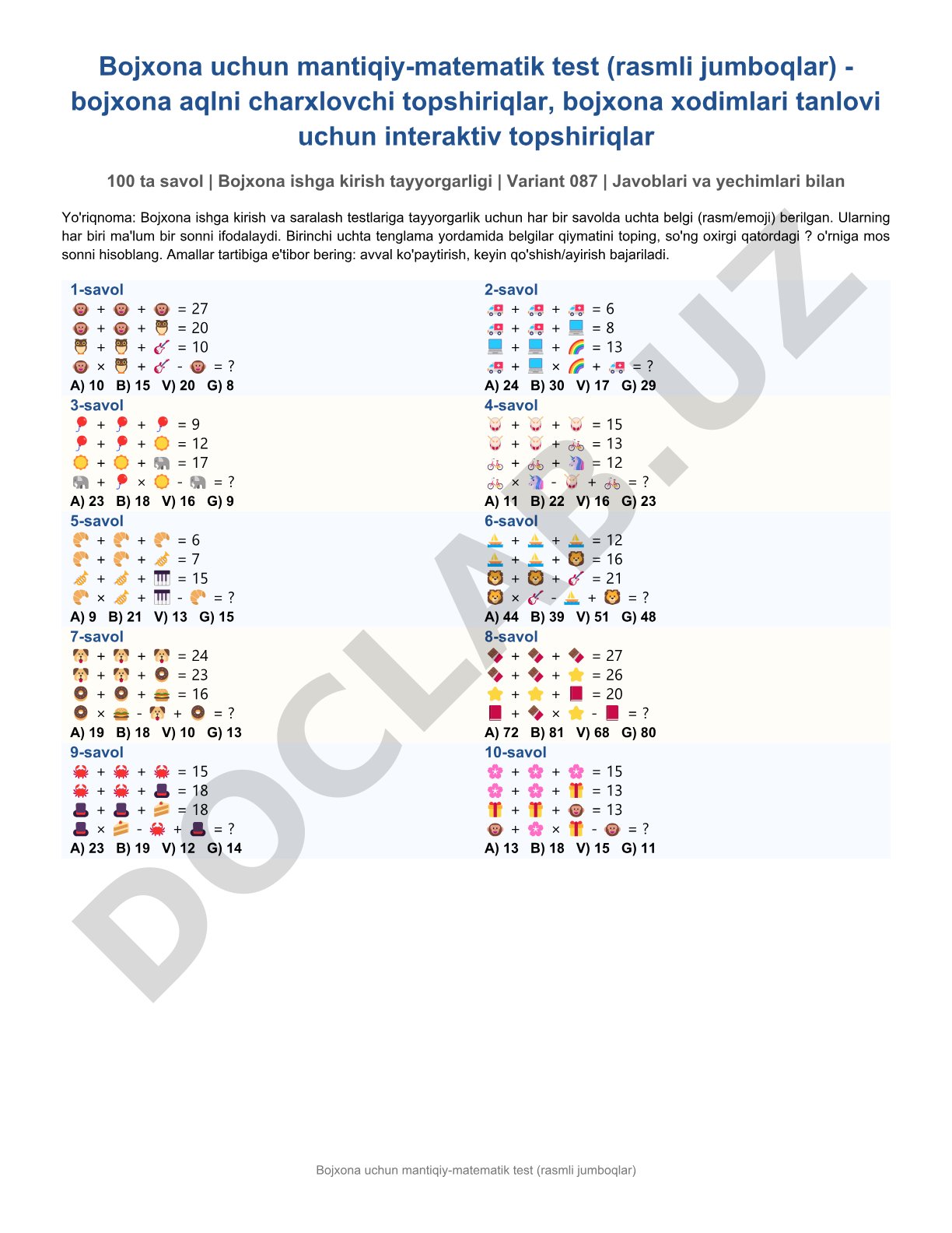 Bojxona uchun mantiqiy-matematik test (rasmli jumboqlar)
