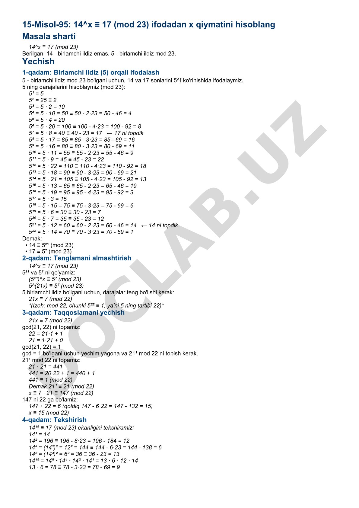 14^x ≡ 17 (mod 23) tenglamani yechish