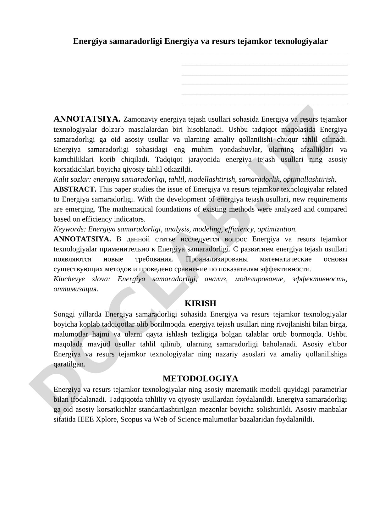 Energiya samaradorligi Energiya va resurs tejamkor texnologiyalar
