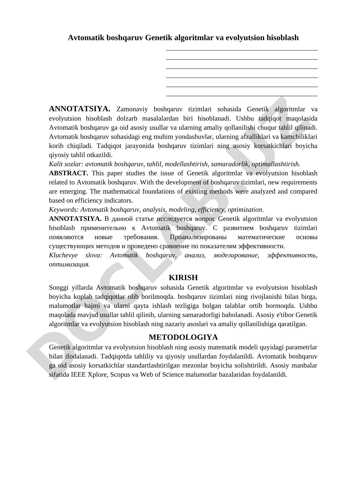Avtomatik boshqaruvda genetik algoritmlar va evolyutsion hisoblash