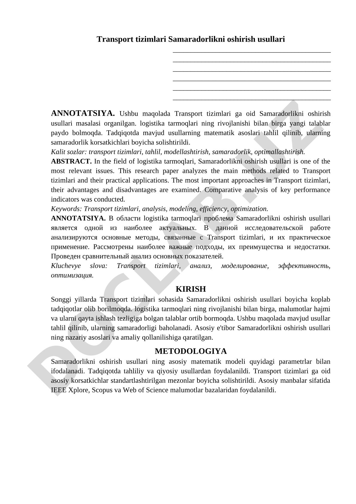 Transport tizimlari samaradorligini oshirish usullari
