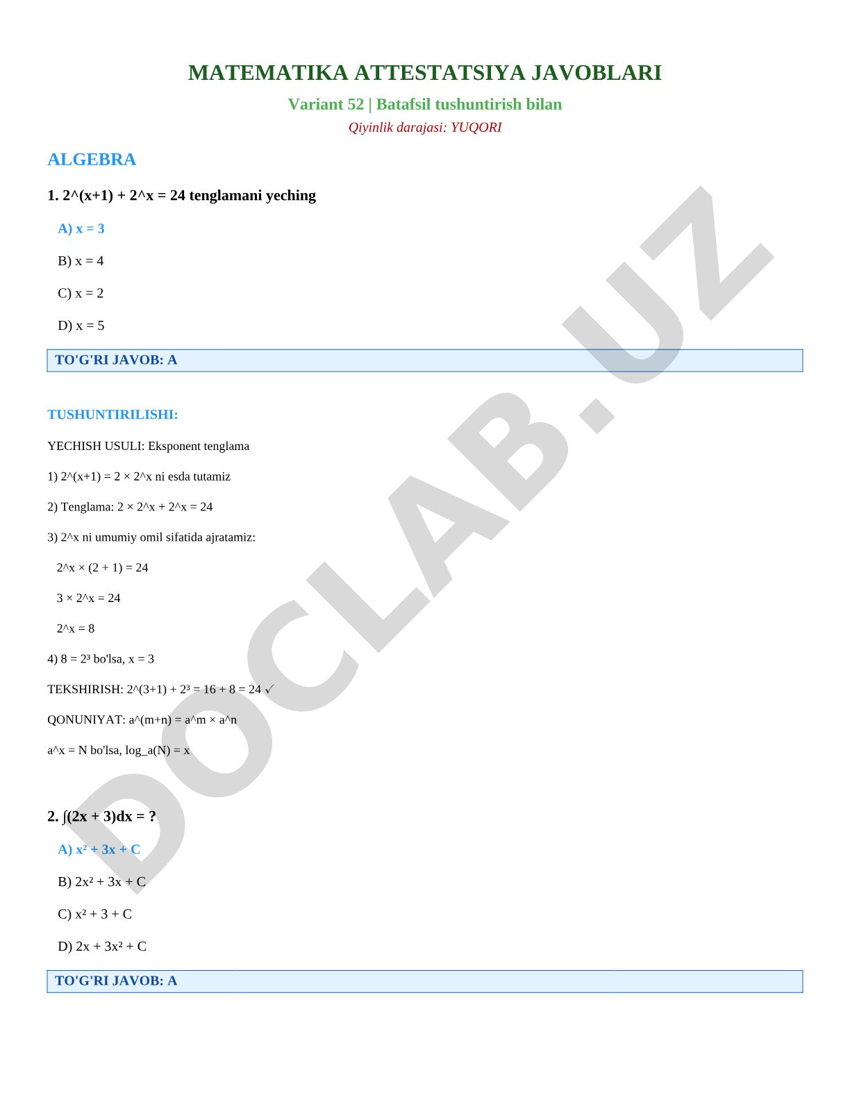 Matematika attestatsiya javoblari Variant 52
