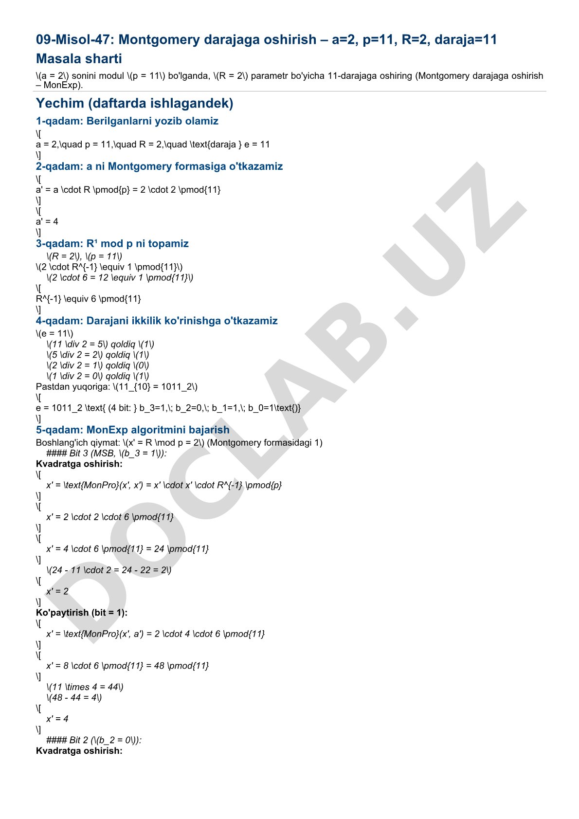 Montgomery darajaga oshirish – a=2, p=11, R=2, daraja=11