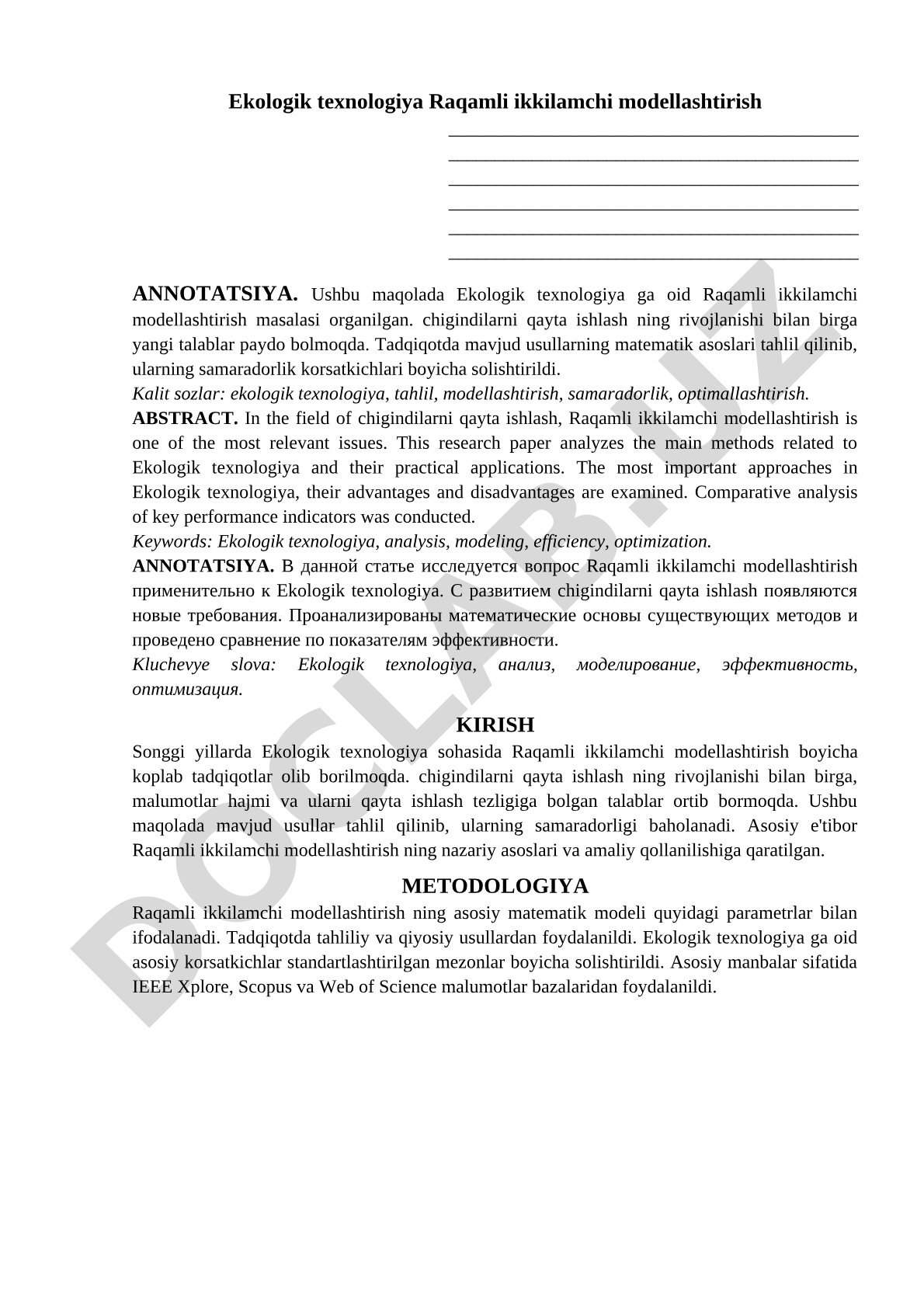 Ekologik texnologiya Raqamli ikkilamchi modellashtirish