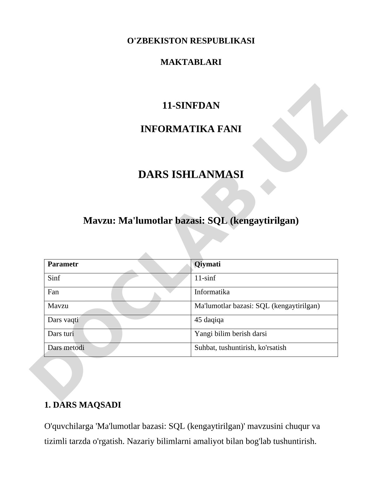 Ma'lumotlar bazasi: SQL (kengaytirilgan)