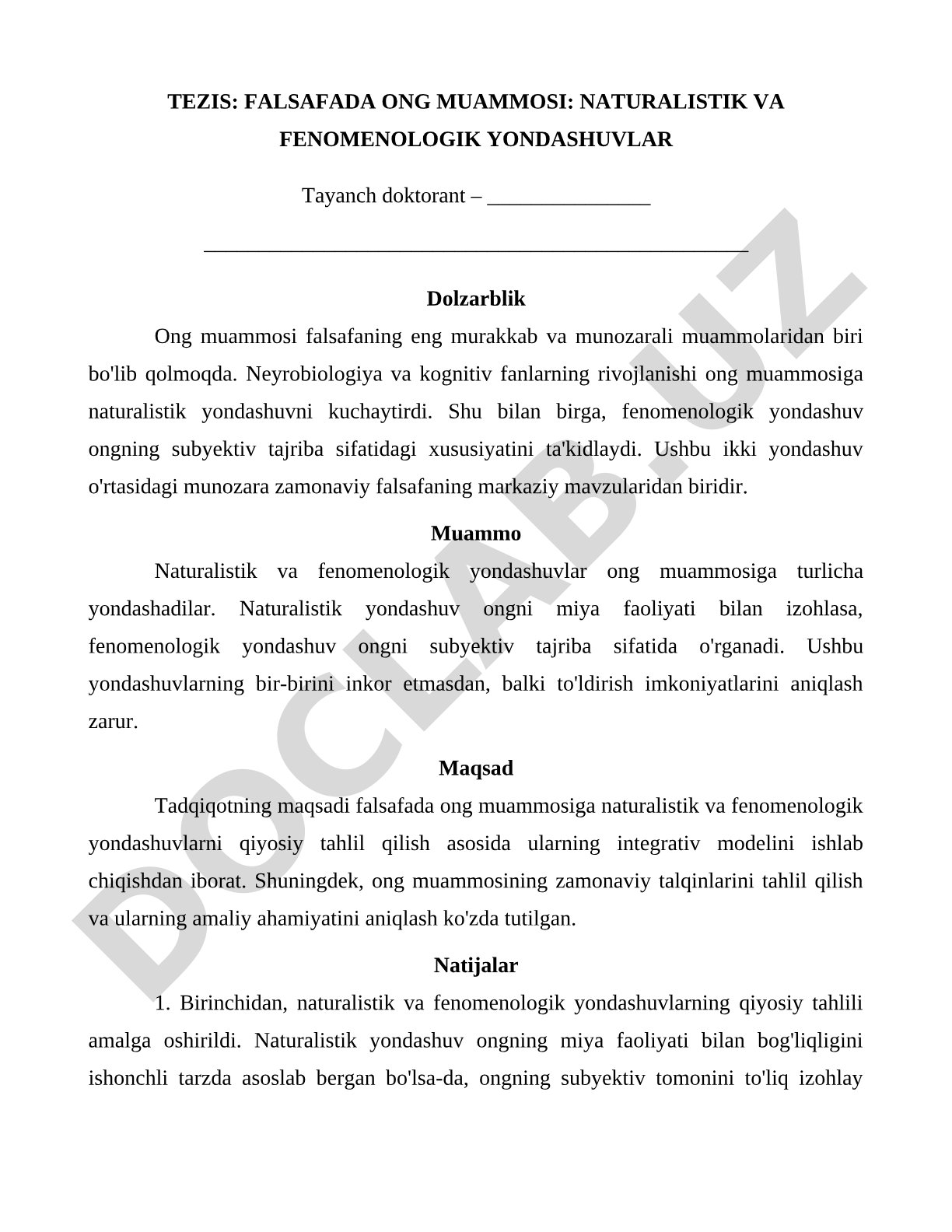 Falsafada ong muammosi: naturalistik va fenomenologik yondashuvlar