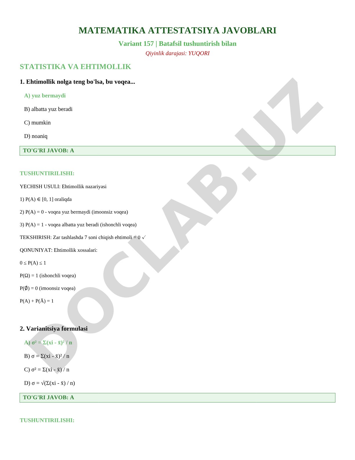 Matematika attestatsiya javoblari 157-variant statistik va ehtimollik