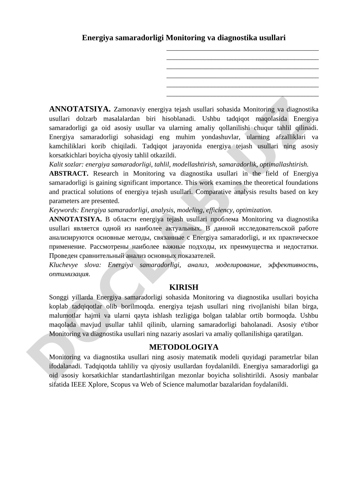 Energiya samaradorligi Monitoring va diagnostika usullari
