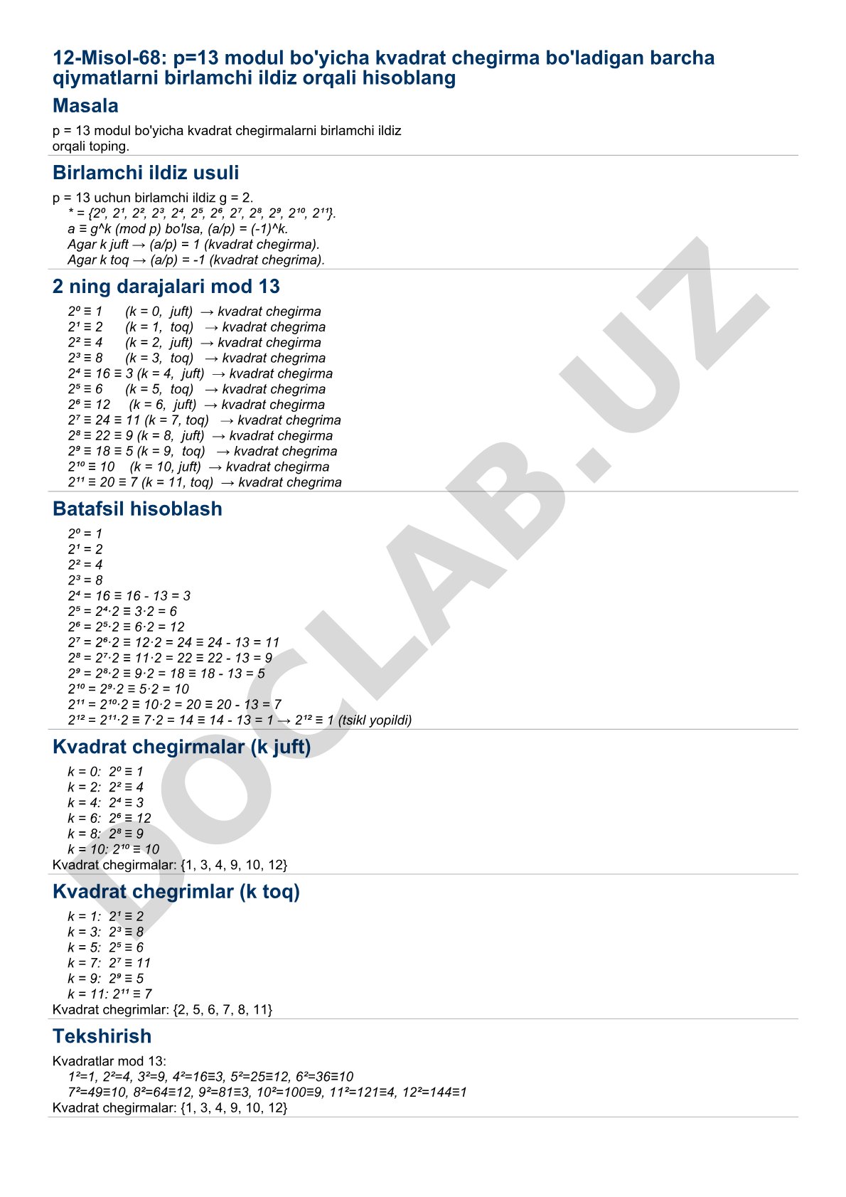 p=13 modul bo'yicha kvadrat chegirmalarni birlamchi ildiz orqali hisoblash