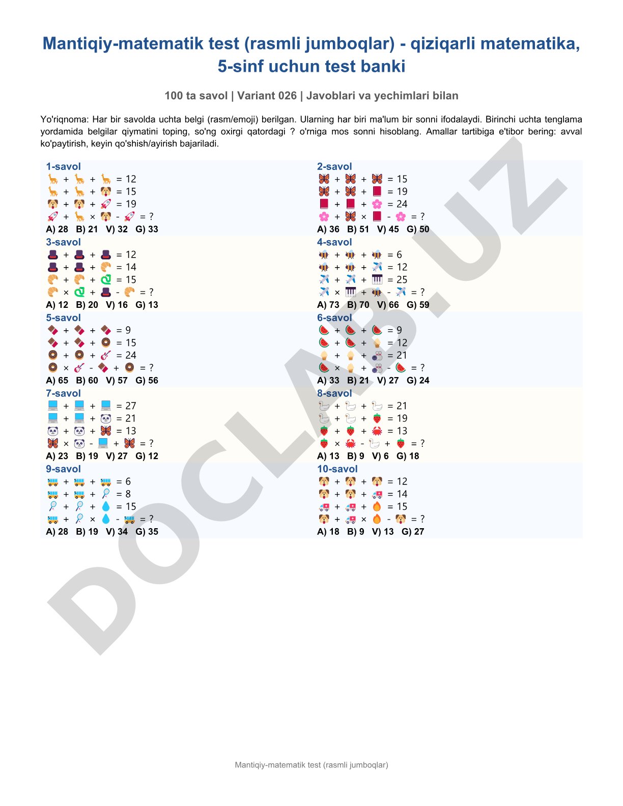 Mantiqiy-matematik test (rasmli jumboqlar)
