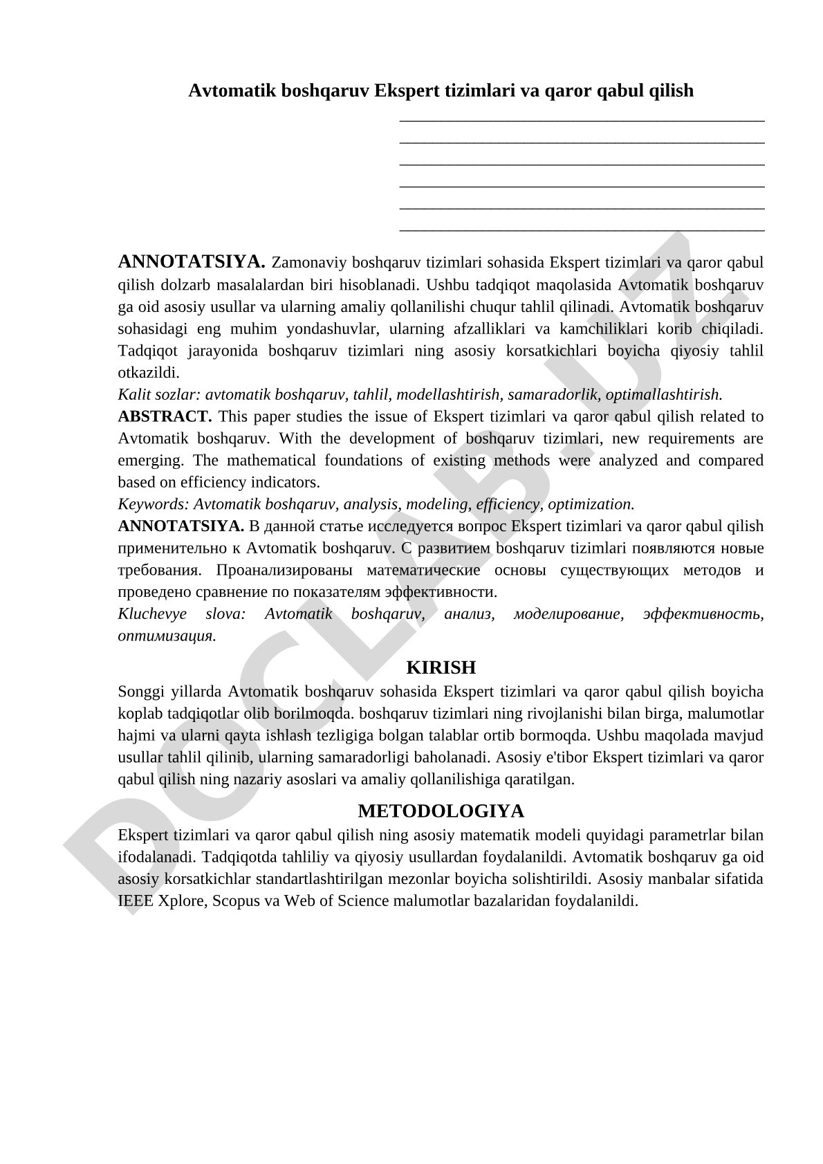 Avtomatik boshqaruv Ekspert tizimlari va qaror qabul qilish
