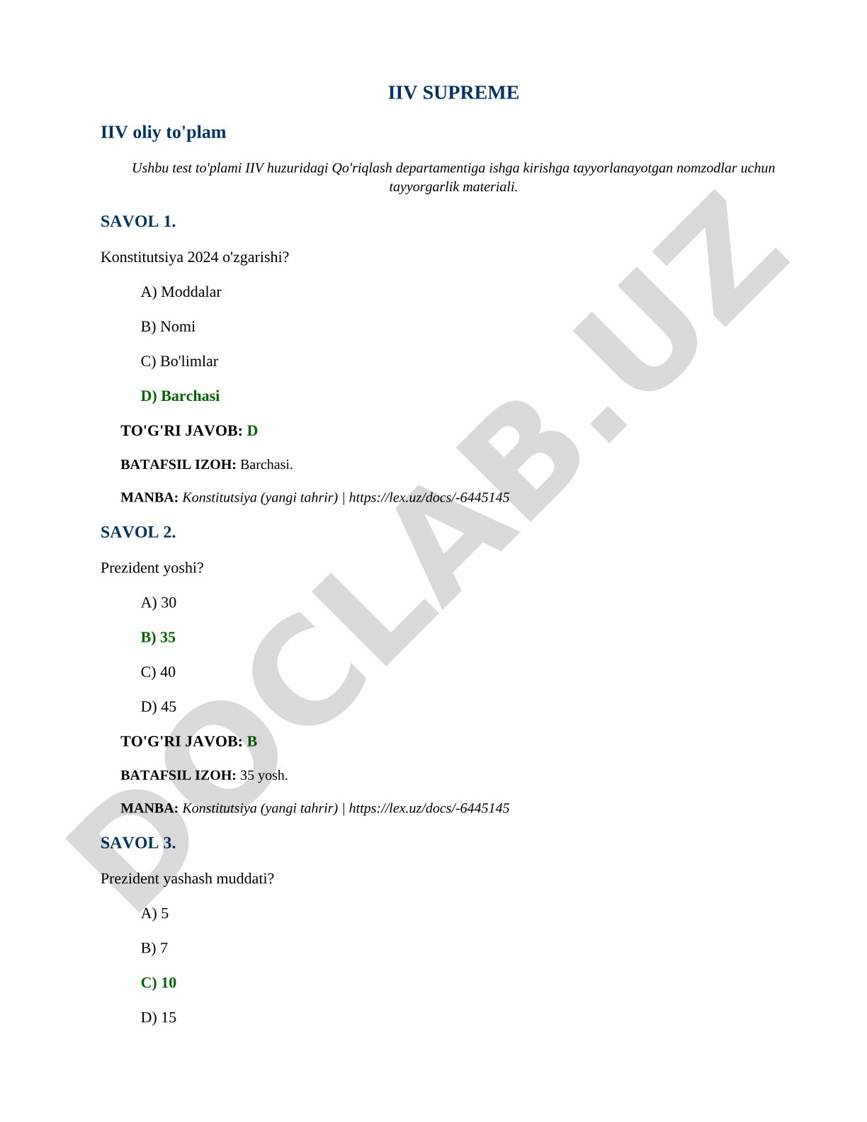 O'zbekiston Konstitutsiyasi bo'yicha test savollari
