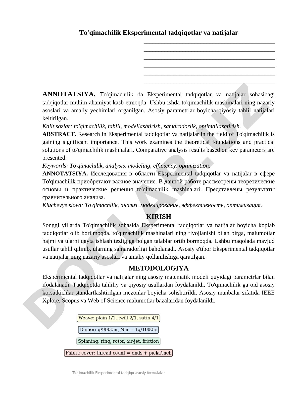 To'qimachilikda eksperimental tadqiqotlar va natijalar
