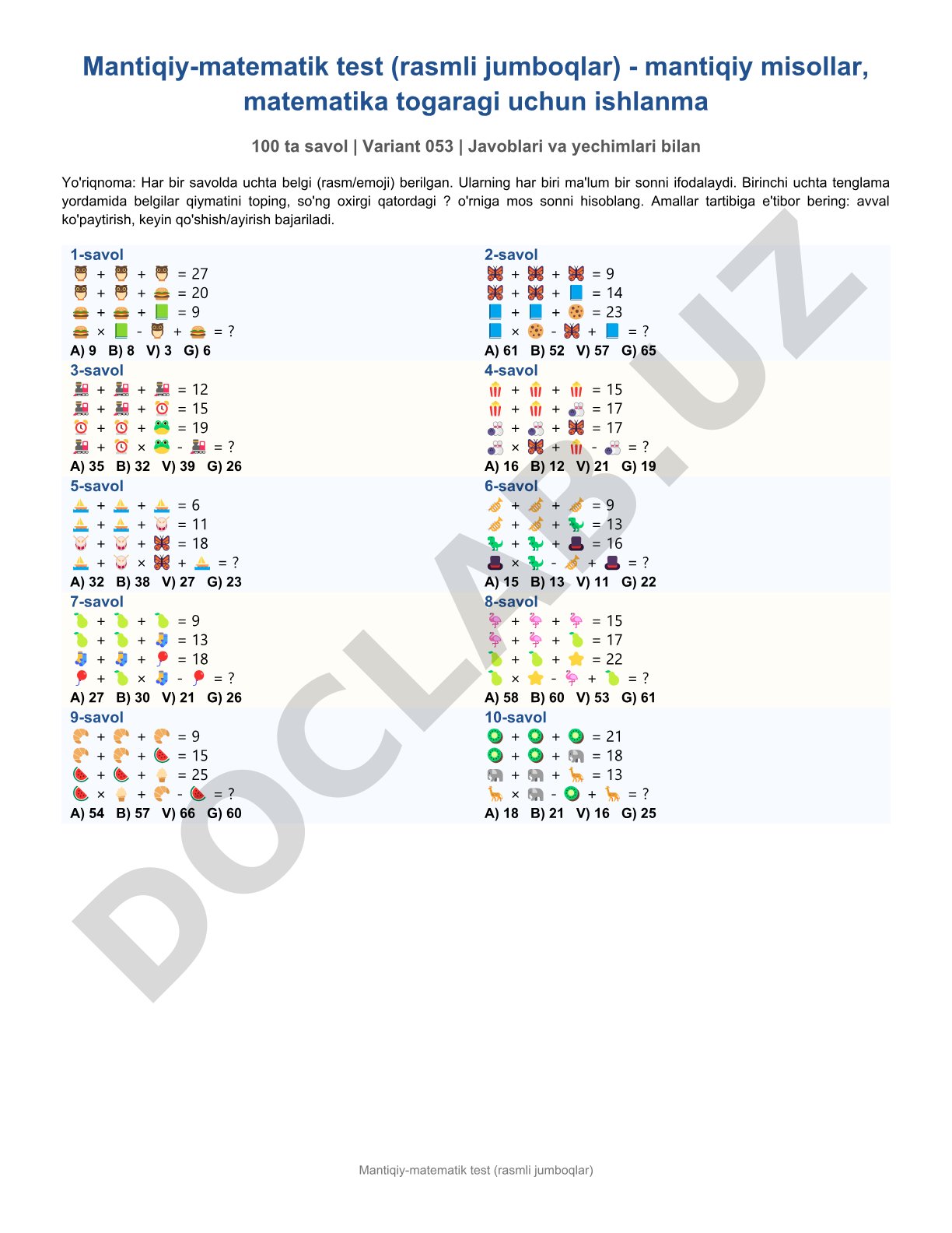 Mantiqiy-matematik test (rasmli jumboqlar) 100 savol