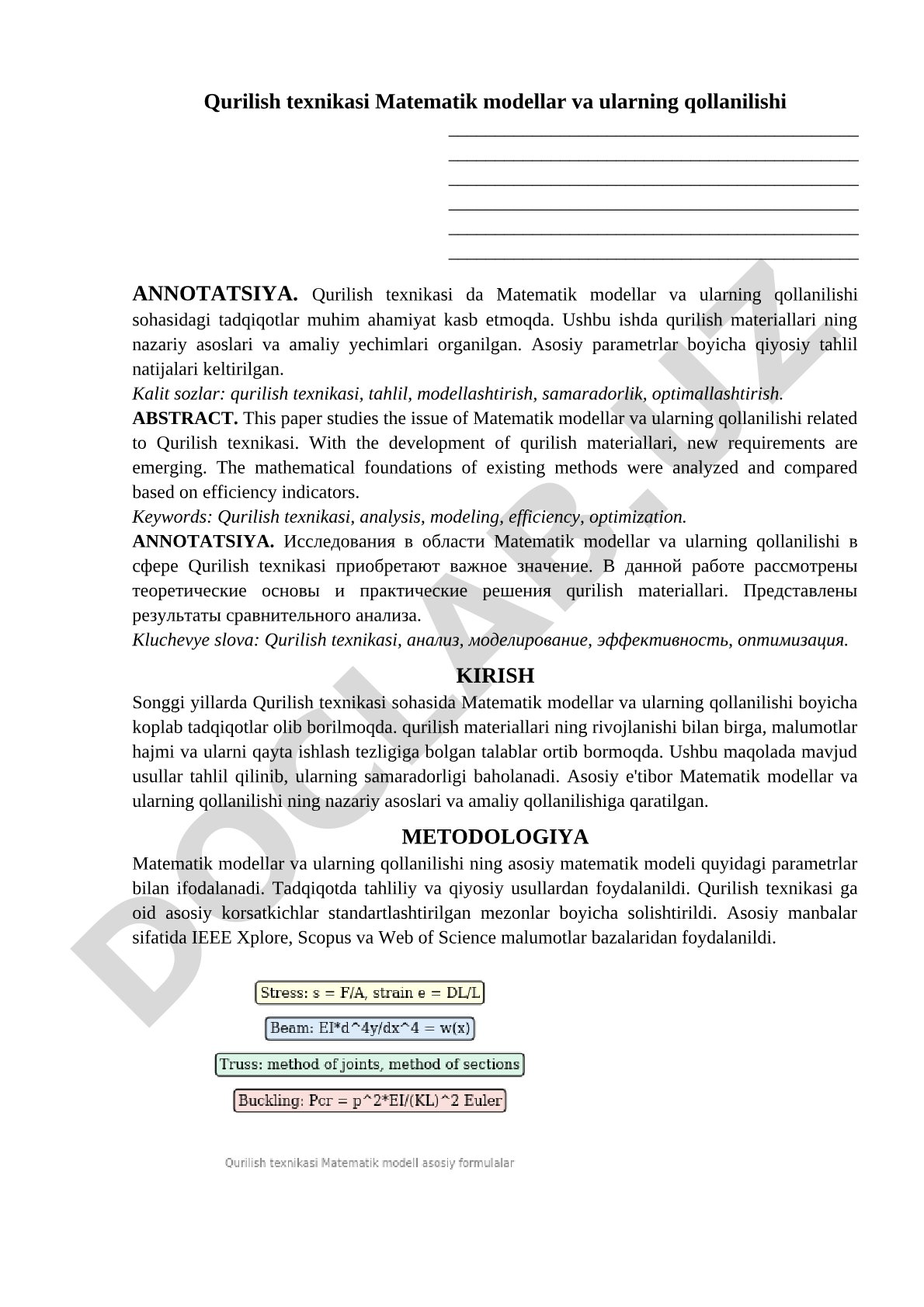 Qurilish texnikasi Matematik modellar va ularning qollanilishi
