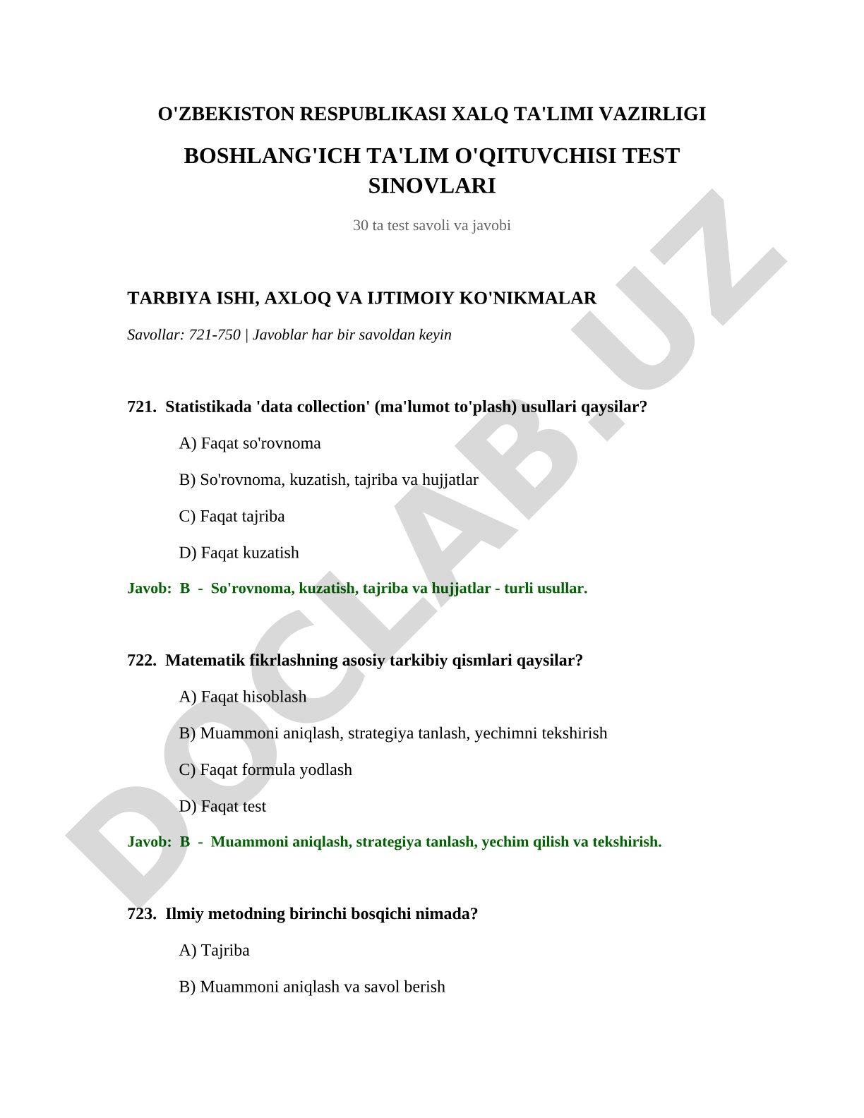 Boshlang'ich ta'lim o'qituvchisi test sinovlari: tarbiya ishi, axloq va ijtimoiy ko'nikmalar