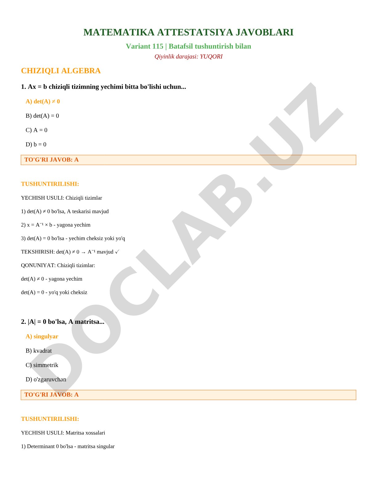 Matematika attestatsiya javoblari Variant 115 - Yuqori chiziqli algebra