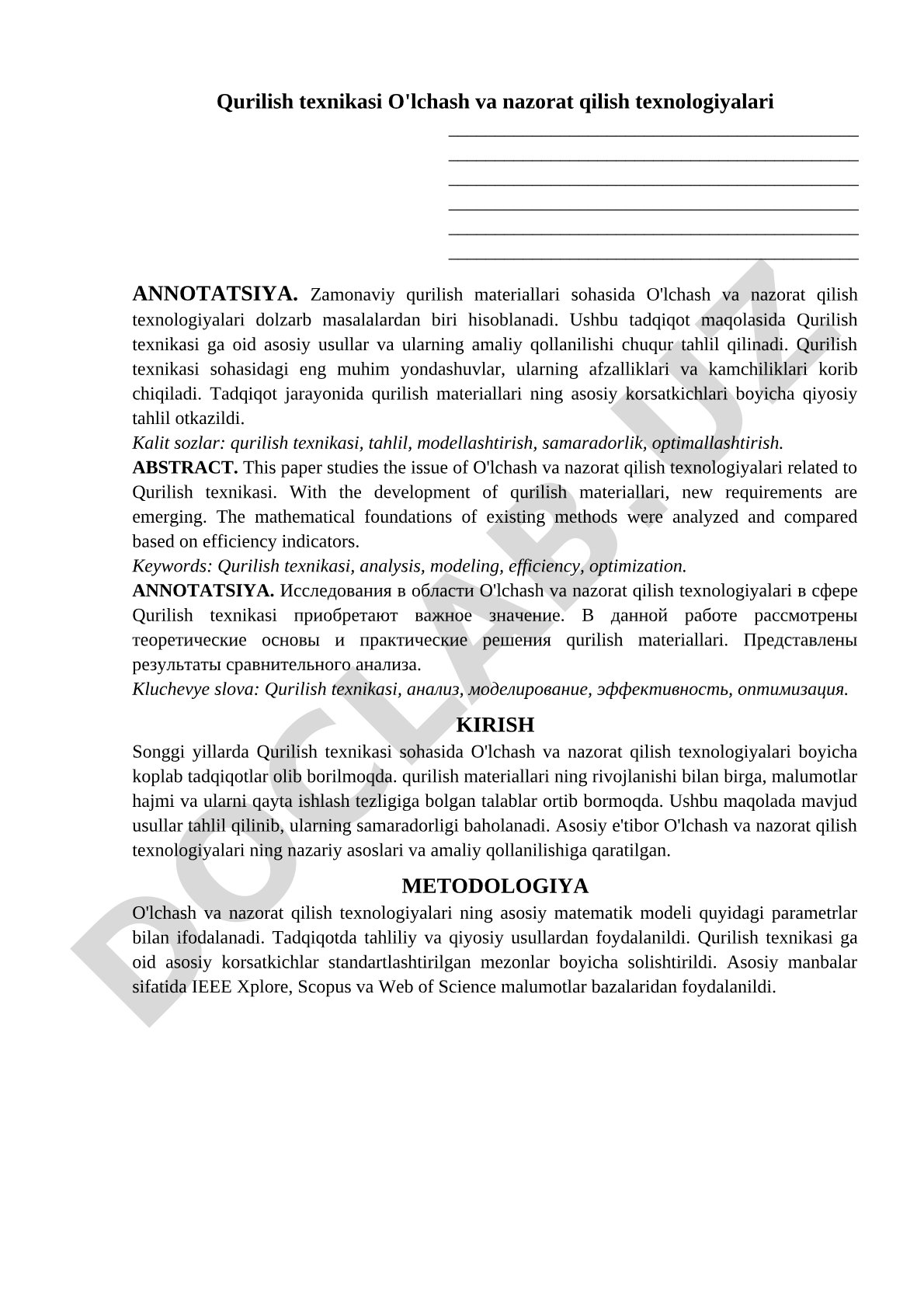 Qurilish texnikasi O'lchash va nazorat qilish texnologiyalari