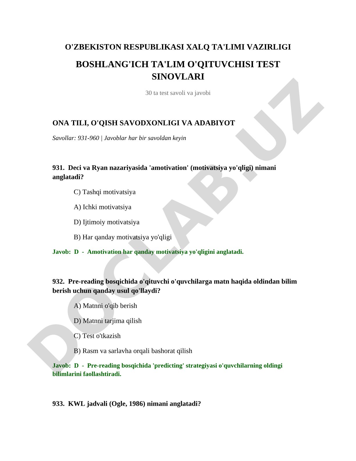 Boshlang'ich ta'lim o'qituvchisi test sinovlari: Ona tili, o'qish savodxonligi va adabiyot
