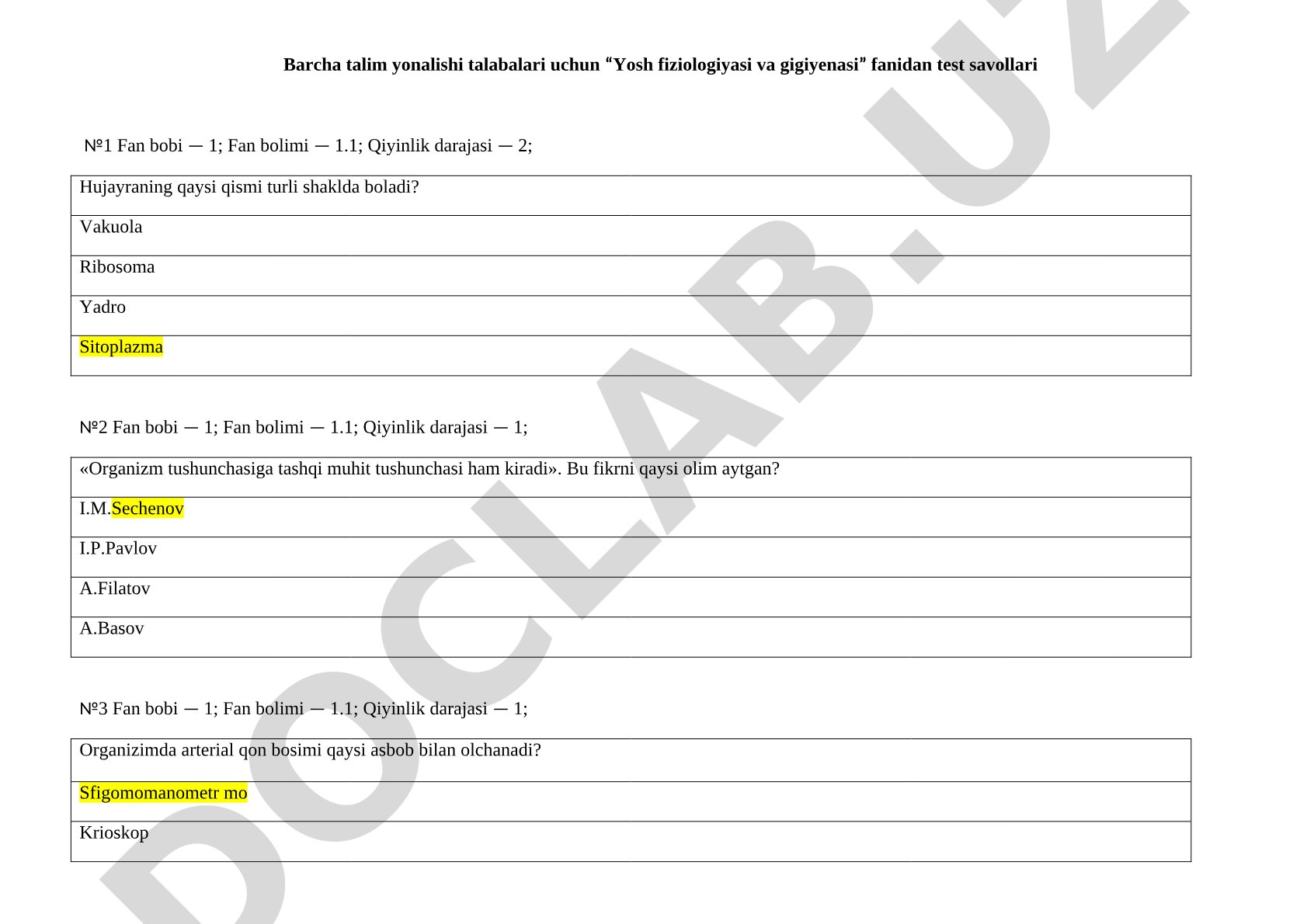 Yosh fiziologiyasi va gigiyenasi fanidan test savollari