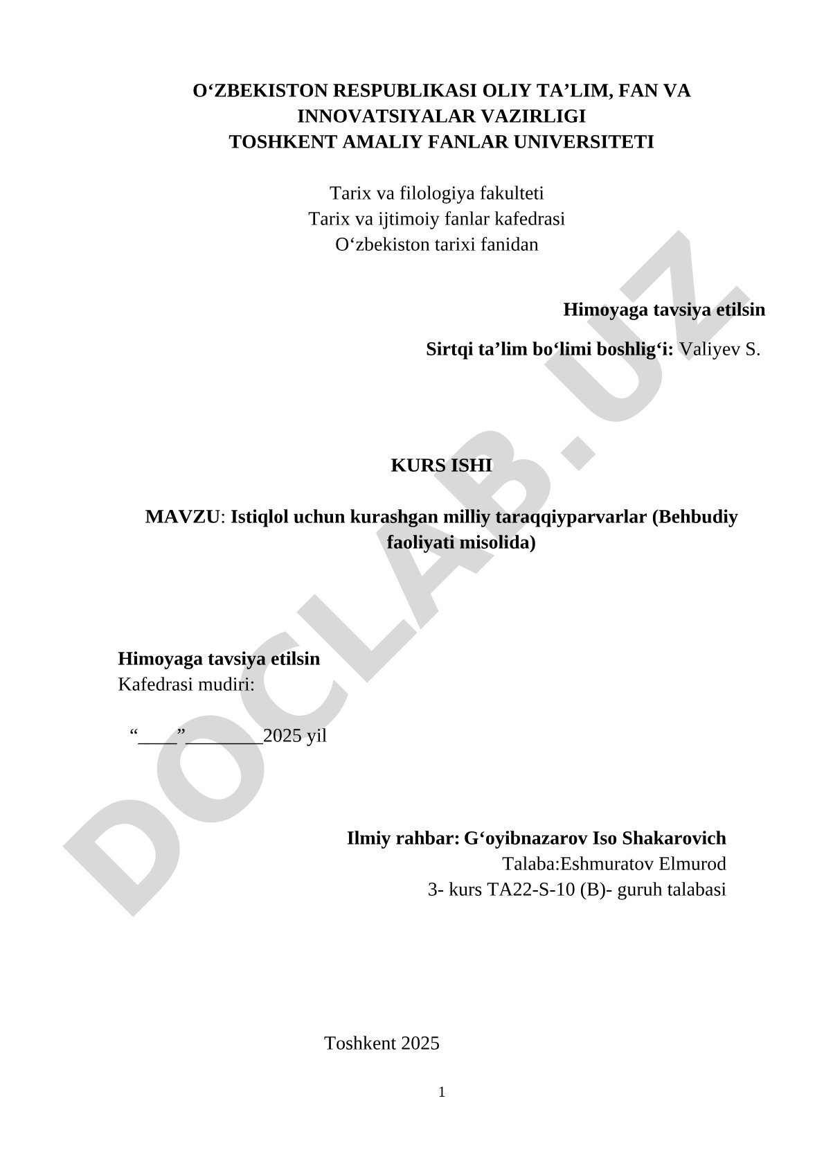 Tarix boʻyicha sinfdan gshqo olib boriladigan ishlar kurs ishi
