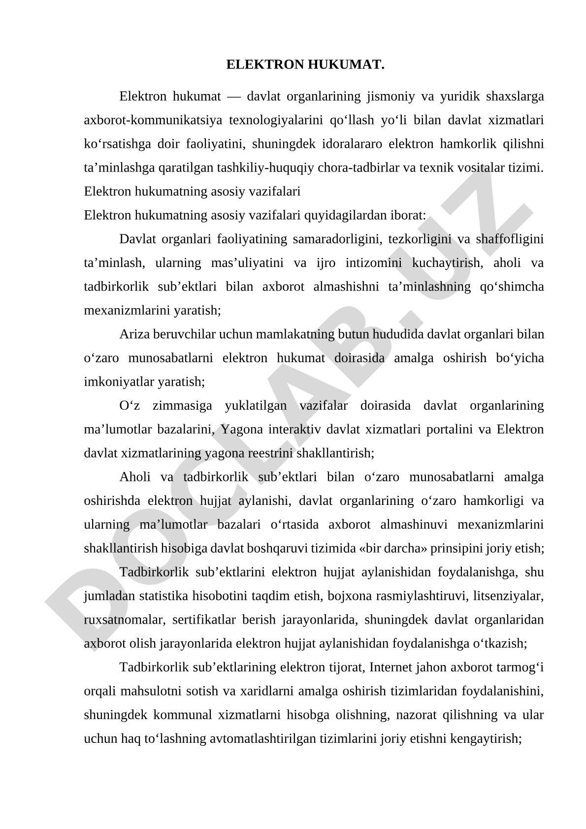 Elektron hukumat tushunchasi va vazifalari