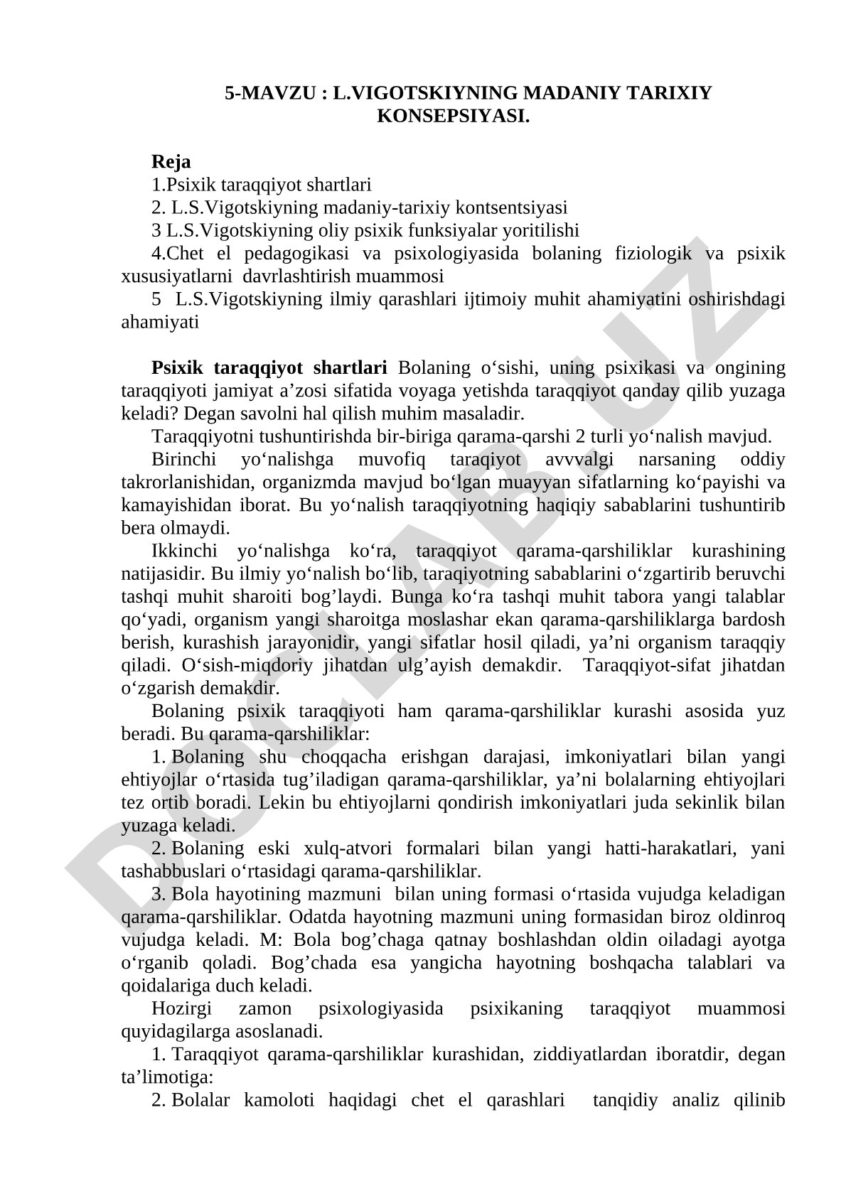 L.Vigotskiyning madaniy tarixiy konsepsiyasi
