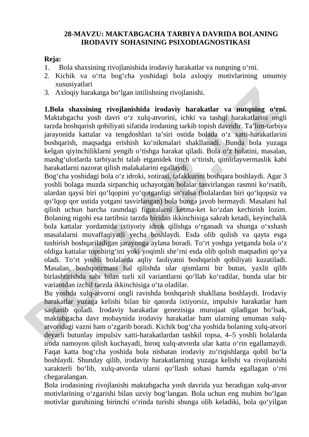 Maktabgacha tarbiya davrida bolaning irodaviy sohasining psixodiagnostikasi