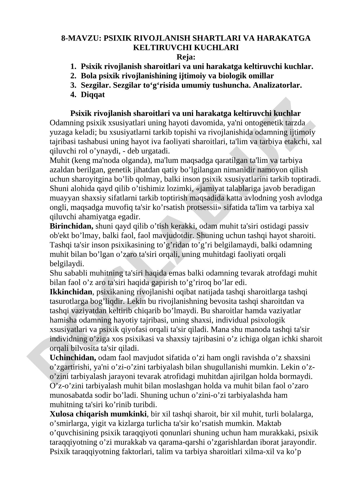 Psixik rivojlanish shartlari va harakatga keltiruvchi kuchlari