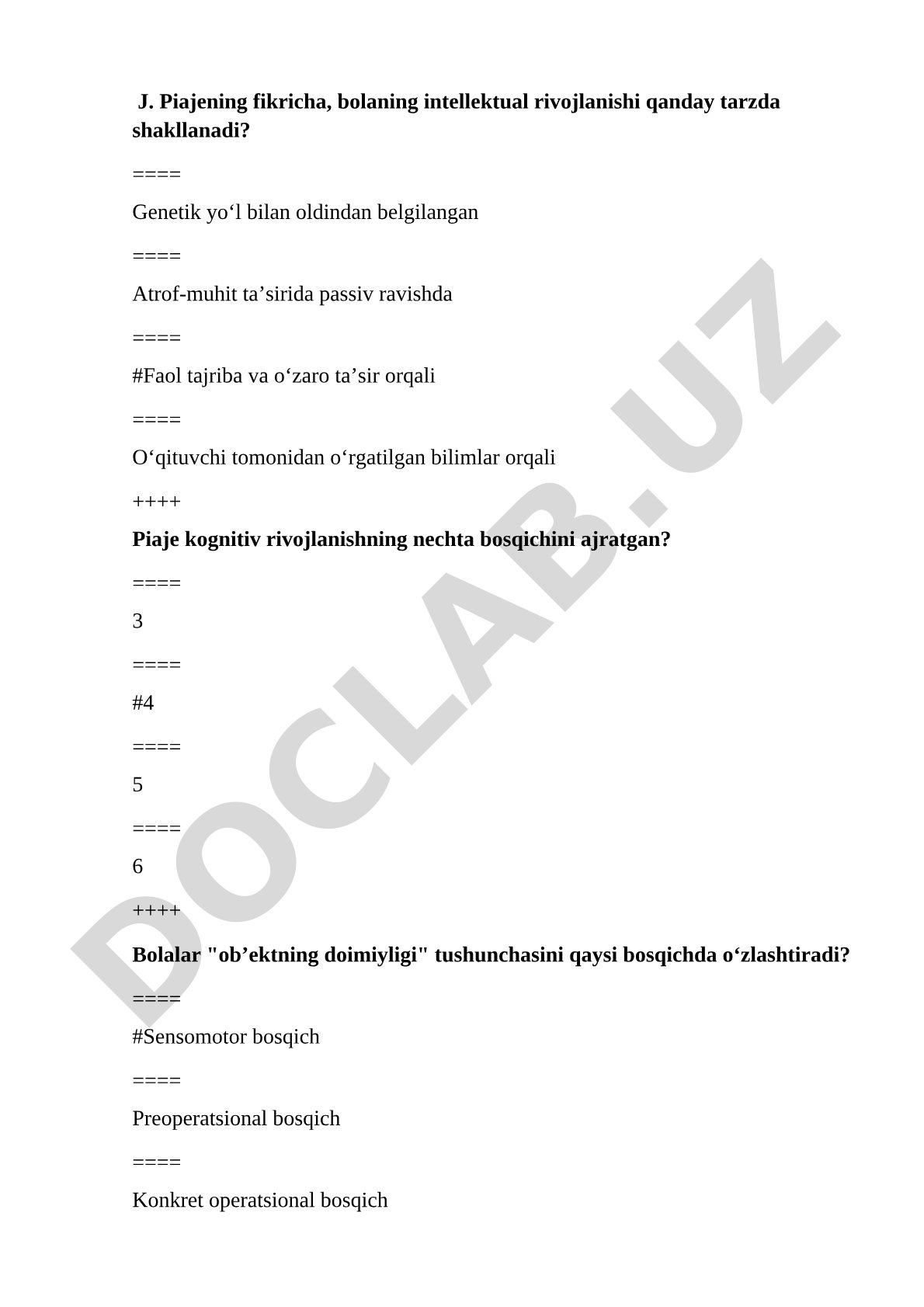 J. Piajening kognitiv rivojlanish bosqichlari