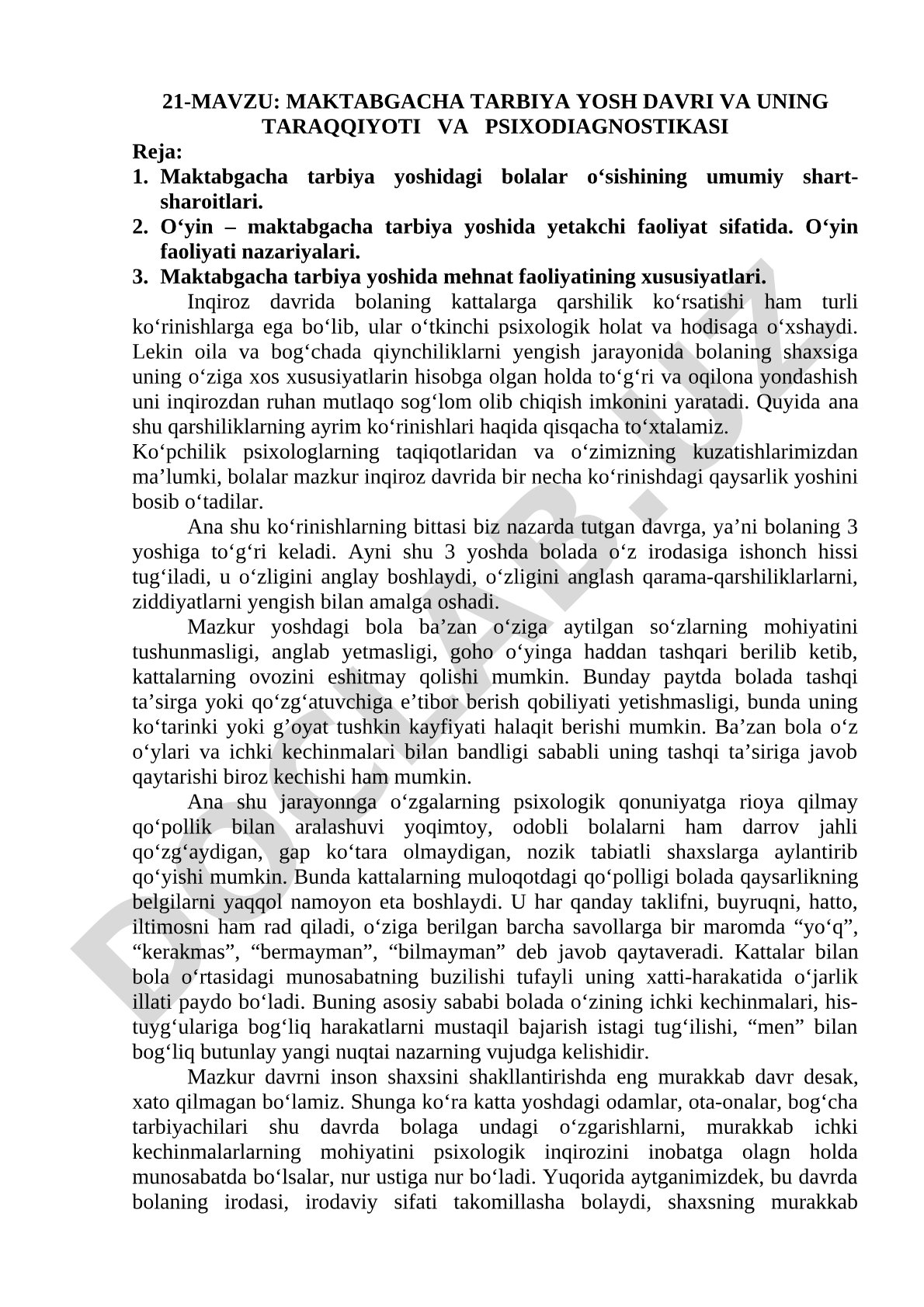 Maktabgacha tarbiya yosh davri va uning taraqqiyoti va psixodiagnostikasi