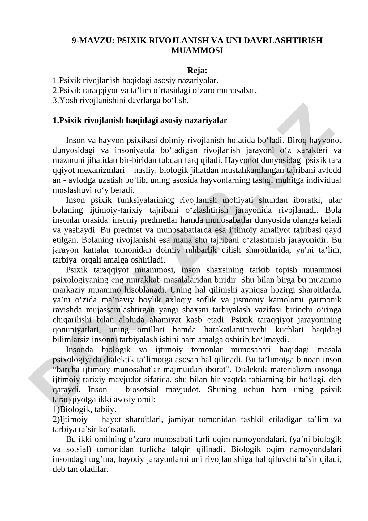 Psixik rivojlanish va uni davrlashtirish muammosi