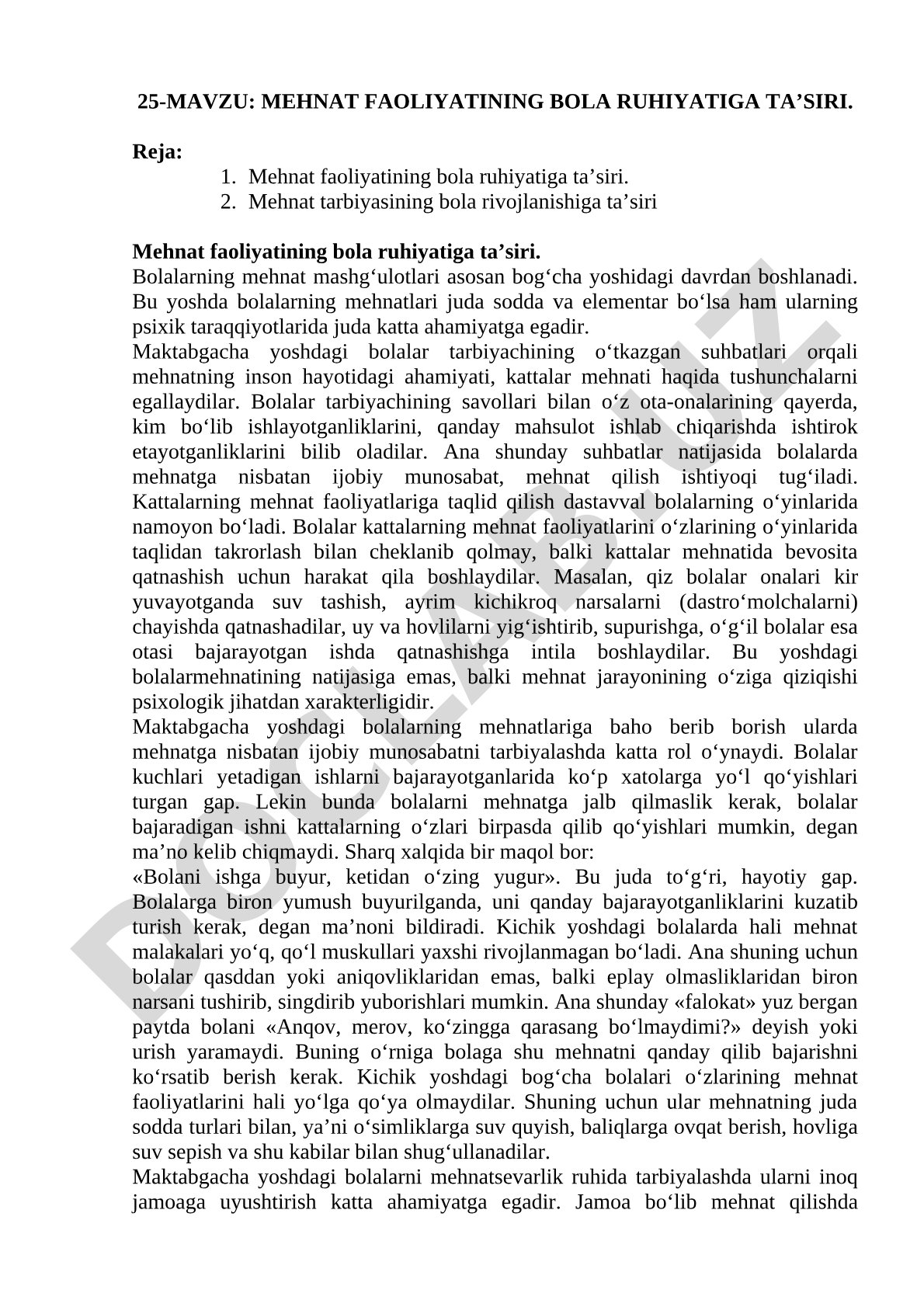 Mehnat faoliyatining bola ruhiyatiga ta'siri